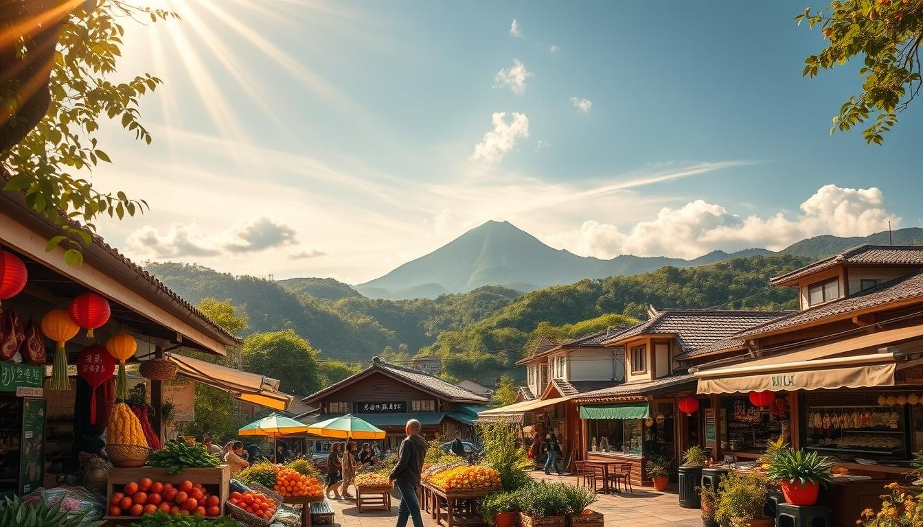 A lush, sun-dappled scene of Jeju Island's vibrant culinary landscape. In the foreground, a bustling outdoor market overflows with colorful local produce, fragrant street food stalls, and artisanal crafts. The middle ground reveals quaint cafes and restaurants nestled among verdant hills, their traditional architecture blending seamlessly with the natural surroundings. In the distance, the majestic volcanic peaks of Hallasan National Park rise up, their slopes cloaked in verdant forests. Warm, golden light filters through wispy clouds, casting a tranquil glow over the entire scene. The mood is one of cultural richness, culinary delights, and the serene beauty of Jeju's pastoral splendor. A lush, sun-dappled scene of Jeju Island's vibrant culinary landscape. In the foreground, a bustling outdoor market overflows with colorful local produce, fragrant street food stalls, and artisanal crafts. The middle ground reveals quaint cafes and restaurants nestled among verdant hills, their traditional architecture blending seamlessly with the natural surroundings. In the distance, the majestic volcanic peaks of Hallasan National Park rise up, their slopes cloaked in verdant forests. Warm, golden light filters through wispy clouds, casting a tranquil glow over the entire scene. The mood is one of cultural richness, culinary delights, and the serene beauty of Jeju's pastoral splendor.