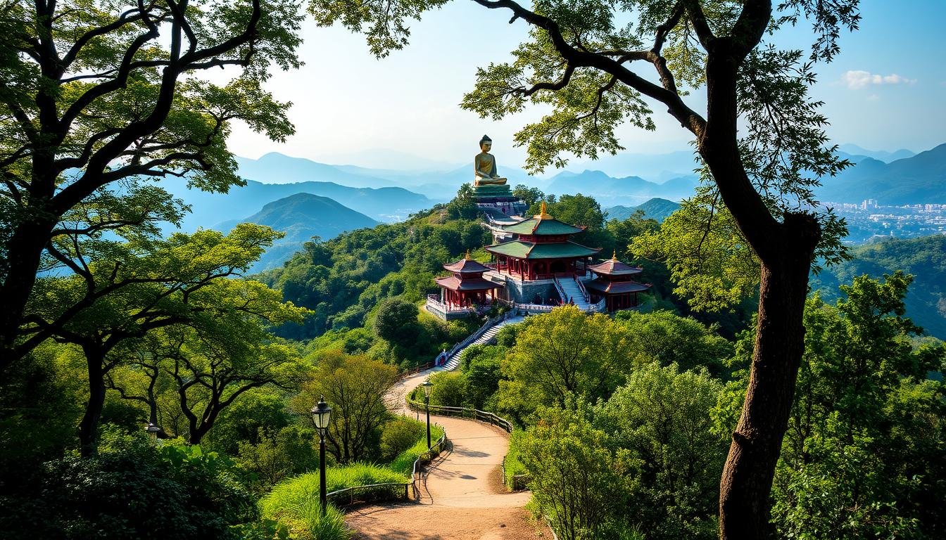 A lush, verdant landscape on Lantau Island, Hong Kong. In the foreground, a winding hiking trail leads through a serene, sun-dappled forest, filled with ancient banyan trees and fragrant flora. In the middle ground, the majestic Tian Tan Buddha statue stands atop a hillside, its gold-plated features gleaming in the warm light. Surrounding the statue, intricate Buddhist temples and pavilions dot the mountainside, their traditional Chinese architecture blending seamlessly with the natural environment. In the background, rolling hills and distant mountain peaks create a breathtaking panorama, showcasing the harmonious coexistence of nature and human culture. The scene evokes a sense of tranquility, spirituality, and deep connection to the island's heritage. A lush, verdant landscape on Lantau Island, Hong Kong. In the foreground, a winding hiking trail leads through a serene, sun-dappled forest, filled with ancient banyan trees and fragrant flora. In the middle ground, the majestic Tian Tan Buddha statue stands atop a hillside, its gold-plated features gleaming in the warm light. Surrounding the statue, intricate Buddhist temples and pavilions dot the mountainside, their traditional Chinese architecture blending seamlessly with the natural environment. In the background, rolling hills and distant mountain peaks create a breathtaking panorama, showcasing the harmonious coexistence of nature and human culture. The scene evokes a sense of tranquility, spirituality, and deep connection to the island's heritage.