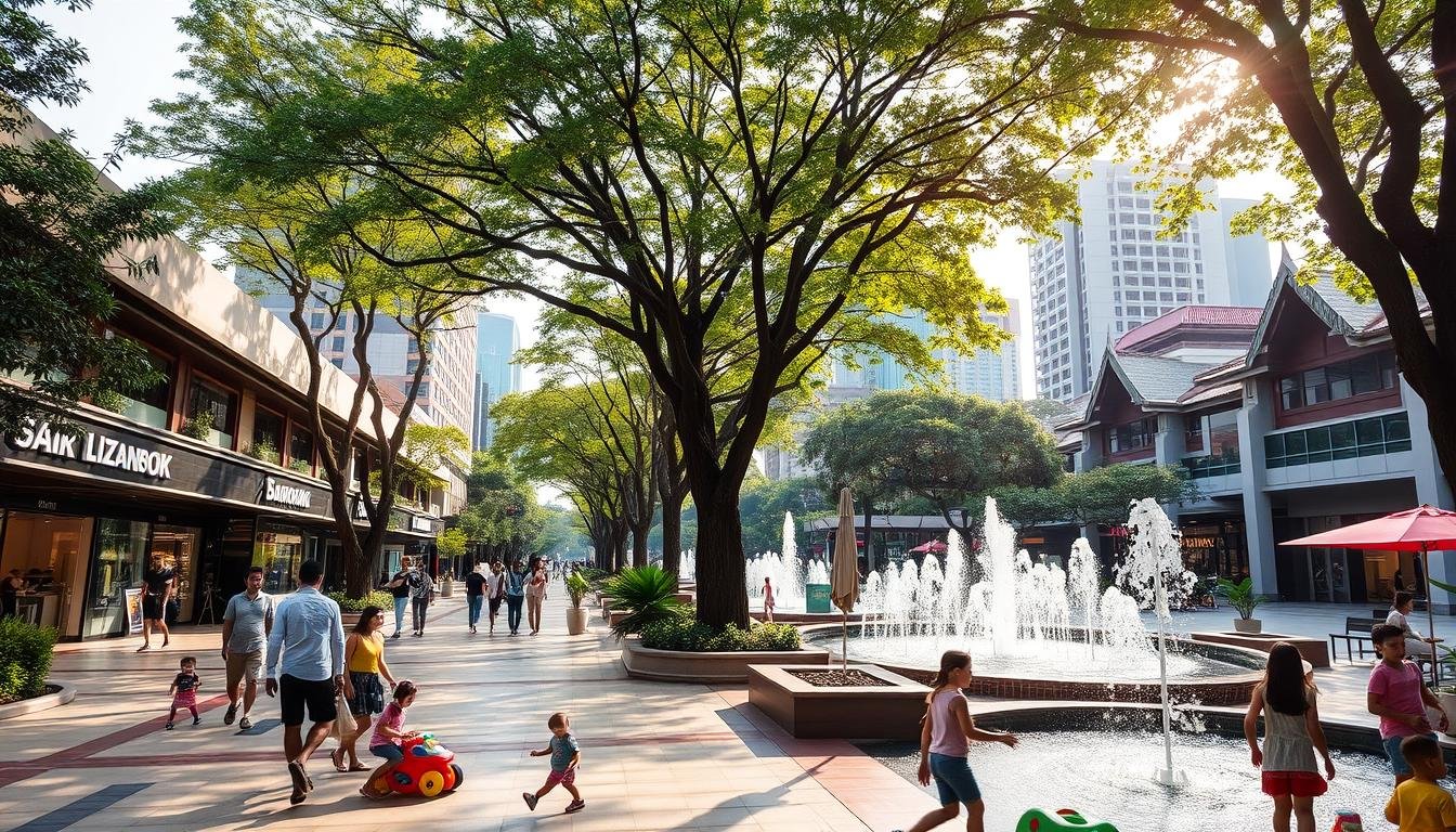 A lush, vibrant outdoor plaza in the heart of Siam, Bangkok's bustling commercial district. In the foreground, families stroll along the shaded walkways, children playing with toys and exploring the interactive fountains. The middle ground features a mix of modern retail shops and restaurants, their facades adorned with traditional Thai architectural elements. In the background, towering skyscrapers and high-end hotels create a striking contrast, while the warm, diffused sunlight filters through the canopy of trees, casting a serene, comfortable ambiance throughout the scene. The overall atmosphere is one of a dynamic, family-friendly urban oasis, perfect for a respite from the city's heat.