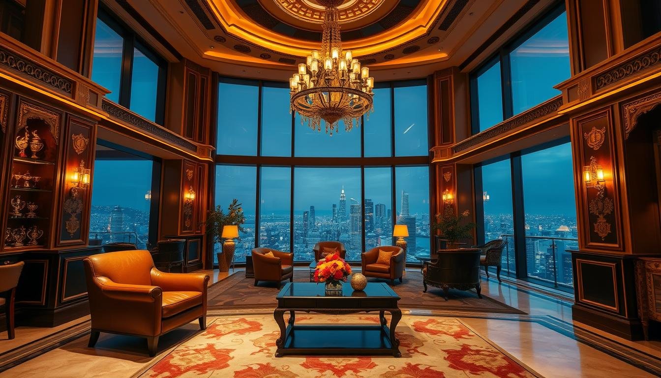 A luxurious and sleek interior of a private club, the "Golden Phoenix Club". The room is bathed in warm, golden lighting, creating a cozy and inviting atmosphere. In the foreground, a plush leather armchair and a polished wooden coffee table stand, showcasing the club's elegant and sophisticated design. In the middle ground, a large, ornate chandelier hangs from the high ceiling, casting a soft, ambient glow throughout the space. The walls are adorned with intricate, gilded moldings and shelves displaying various awards and trophies, hinting at the club's prestige and exclusivity. In the background, floor-to-ceiling windows offer a panoramic view of a bustling city skyline, adding a sense of grandeur and luxury to the scene.