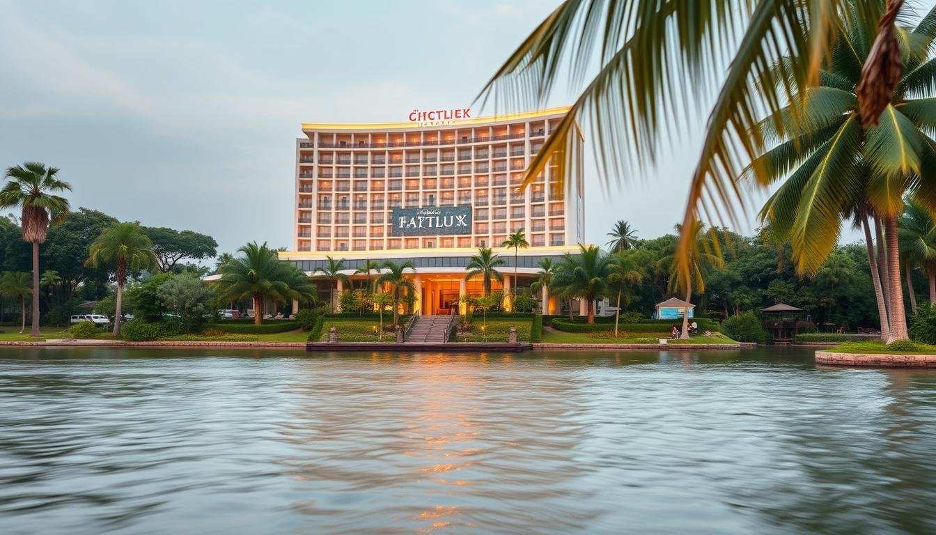 A luxurious hotel overlooking a serene river in Bangkok, Thailand. The building stands tall, its modern architecture blending seamlessly with the lush greenery surrounding it. Soft, warm lighting illuminates the elegant exterior, creating a inviting ambiance. In the foreground, a tranquil river flows, its gentle ripples reflecting the hotel's image. Lush palm trees sway in the background, adding a touch of tropical paradise. The scene exudes a sense of sophistication and exclusivity, perfectly capturing the essence of a world-class hotel experience.