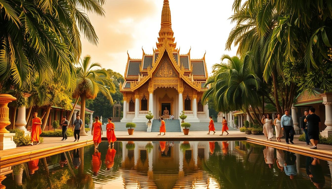 A majestic Thai temple nestled in the heart of Bangkok, its gilded spires and intricate carvings bathed in warm, golden light. Towering, ornate facades stand tall, framing an serene courtyard where saffron-robed monks move with graceful reverence. Lush tropical foliage frames the scene, creating a tranquil oasis amidst the bustling city. The temple's reflection ripples in a tranquil pool, mirroring its spiritual essence. Visitors move with a sense of awe, drawn in by the temple's timeless beauty and the calming atmosphere that permeates the air. This is the heart of Bangkok, a living embodiment of Thailand's rich cultural and spiritual heritage. A majestic Thai temple nestled in the heart of Bangkok, its gilded spires and intricate carvings bathed in warm, golden light. Towering, ornate facades stand tall, framing an serene courtyard where saffron-robed monks move with graceful reverence. Lush tropical foliage frames the scene, creating a tranquil oasis amidst the bustling city. The temple's reflection ripples in a tranquil pool, mirroring its spiritual essence. Visitors move with a sense of awe, drawn in by the temple's timeless beauty and the calming atmosphere that permeates the air. This is the heart of Bangkok, a living embodiment of Thailand's rich cultural and spiritual heritage.
