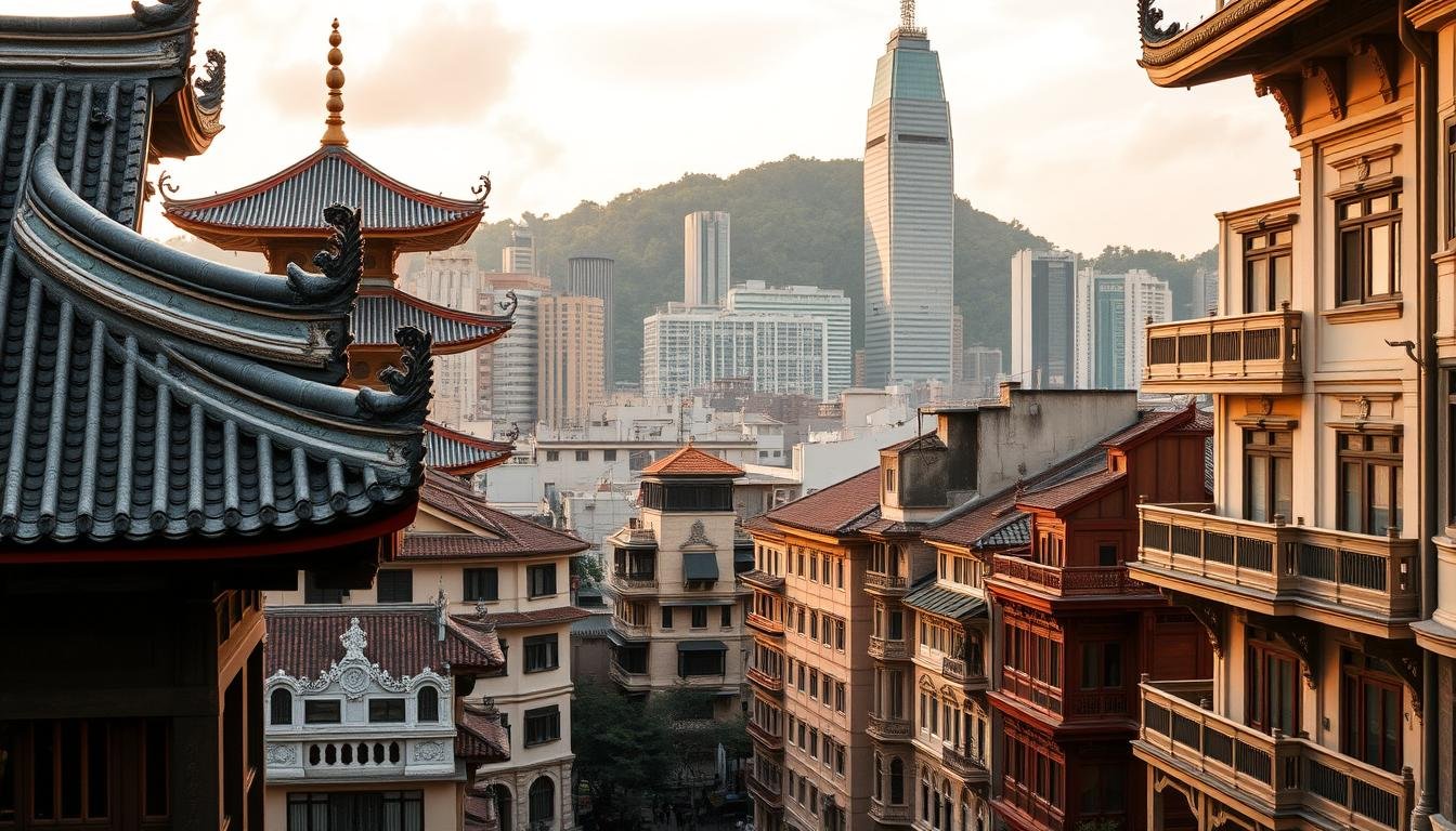A majestic cityscape of Hong Kong's historic architecture, bathed in warm, golden-hour light. In the foreground, the iconic curved roofs and intricate details of traditional Chinese temples stand in contrast to the towering glass-and-steel skyscrapers of the modern financial district beyond. The middle ground features meticulously preserved colonial-era buildings, their weathered facades and ornate balconies evoking the city's rich cultural heritage. In the background, the verdant slopes of Victoria Peak rise, framing the scene with a sense of timeless grandeur. Captured through the lens of a wide-angle camera, this image conveys the harmonious blend of old and new that defines the architectural essence of Hong Kong. A majestic cityscape of Hong Kong's historic architecture, bathed in warm, golden-hour light. In the foreground, the iconic curved roofs and intricate details of traditional Chinese temples stand in contrast to the towering glass-and-steel skyscrapers of the modern financial district beyond. The middle ground features meticulously preserved colonial-era buildings, their weathered facades and ornate balconies evoking the city's rich cultural heritage. In the background, the verdant slopes of Victoria Peak rise, framing the scene with a sense of timeless grandeur. Captured through the lens of a wide-angle camera, this image conveys the harmonious blend of old and new that defines the architectural essence of Hong Kong.
