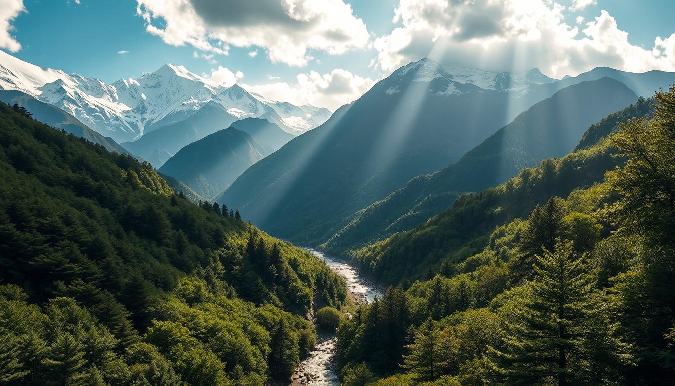A majestic mountainscape rises into the clouds, its rugged peaks capped with pristine snow. Lush, verdant forests blanket the lower slopes, their dense foliage casting deep shadows across the landscape. A babbling stream winds its way through the valley, its crystal-clear waters reflecting the towering peaks above. Sunlight filters through the canopy, creating a warm, golden glow that bathes the scene in a serene, tranquil atmosphere. In the distance, a lone hiker navigates the winding trails, dwarfed by the scale of the natural wonder that surrounds them. This is the Seoraksan National Park, a realm of untamed beauty and unbridled adventure, waiting to be explored in depth.
