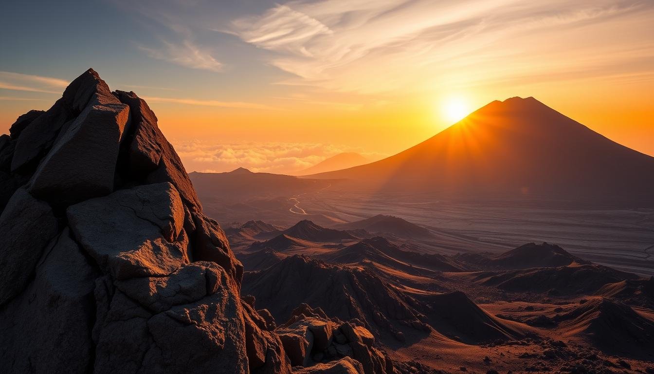 A majestic volcanic landscape at sunrise, with the iconic Seongsan Ilchulbong (Sunrise Peak) towering over the rugged terrain. The sky ablaze in warm hues, casting a golden glow across the craggy slopes and lava formations. In the foreground, a dramatic rocky outcrop juts out, framing the breathtaking view. Dramatic shadows and highlights accentuate the sculptural, textured qualities of the volcanic rock. The scene evokes a sense of primal, elemental power, the earth's dynamic forces on full display. Captured with a wide-angle lens to emphasize the grand, sweeping scale of this natural wonder on Jeju Island. A majestic volcanic landscape at sunrise, with the iconic Seongsan Ilchulbong (Sunrise Peak) towering over the rugged terrain. The sky ablaze in warm hues, casting a golden glow across the craggy slopes and lava formations. In the foreground, a dramatic rocky outcrop juts out, framing the breathtaking view. Dramatic shadows and highlights accentuate the sculptural, textured qualities of the volcanic rock. The scene evokes a sense of primal, elemental power, the earth's dynamic forces on full display. Captured with a wide-angle lens to emphasize the grand, sweeping scale of this natural wonder on Jeju Island.
