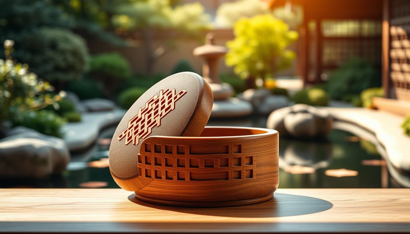 A meticulously crafted wooden puzzle box, its intricate lattice pattern casting delicate shadows across a polished, natural wood surface. The foreground showcases the box's elegant, rounded silhouette, its lid slightly ajar to reveal a glimpse of the thoughtfully designed interior. In the middle ground, the surrounding environment is a serene Japanese garden, lush with greenery and the tranquil reflection of a koi pond. Warm, diffused lighting filters through the scene, evoking a sense of timeless craftsmanship and traditional aesthetic. The overall mood is one of refined simplicity, blending the timeless elegance of Hakone's famous yosegi-zaiku woodwork with the serene beauty of its natural setting.