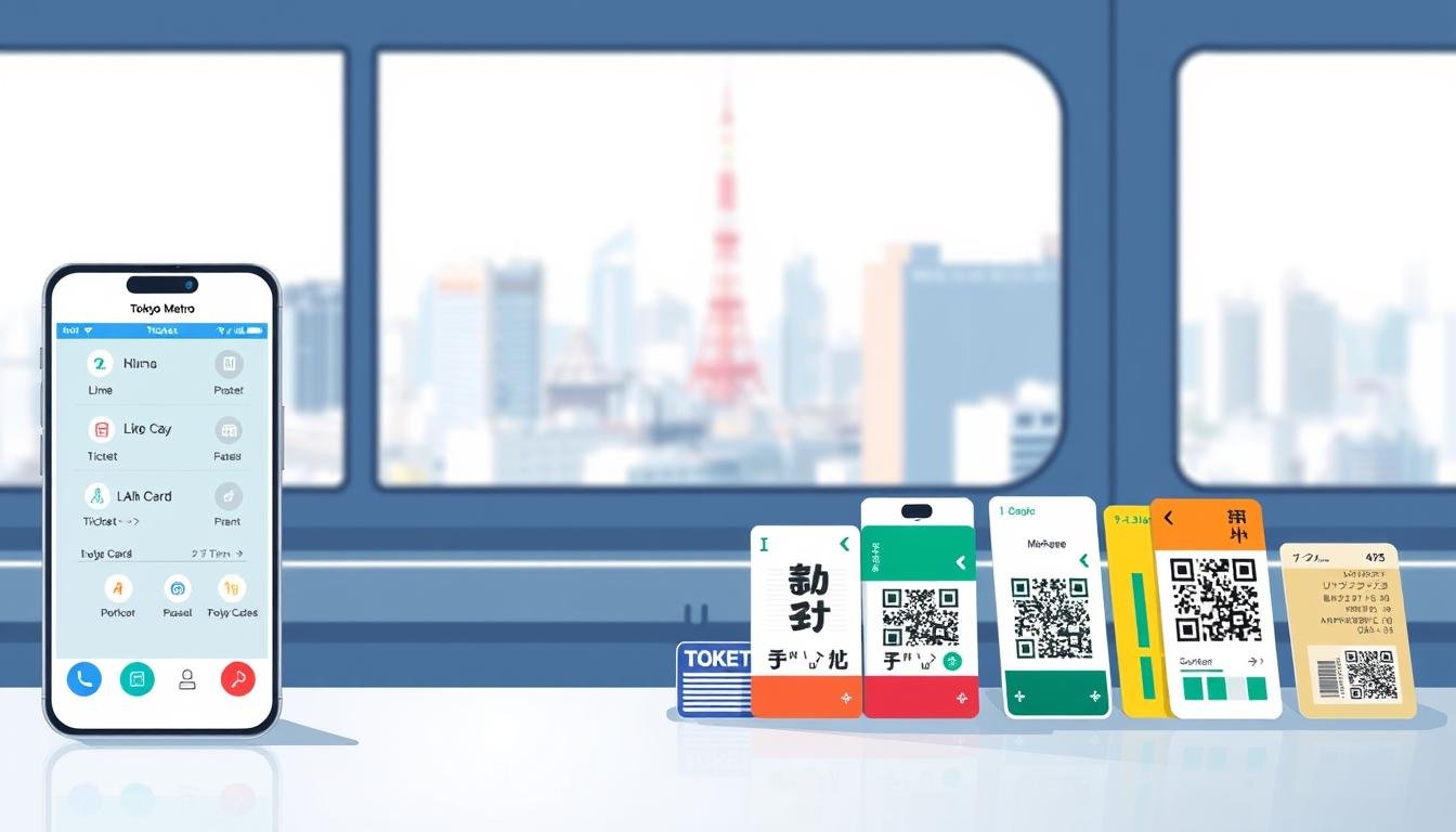 A modern, minimalist illustration of the Tokyo Metro app and ticket selection interface. The foreground depicts the app's clean, intuitive design with sleek, colorful icons and menus for line selection, ticket purchase, and route planning. The middle ground showcases a variety of metro ticket options, including plastic cards, mobile passes, and QR codes, neatly arranged. The background features a blurred view of the Tokyo cityscape, hinting at the app's real-world utility for navigating the vast metro network. The overall scene conveys a sense of efficiency, accessibility, and the seamless integration of technology into the urban transit experience. A modern, minimalist illustration of the Tokyo Metro app and ticket selection interface. The foreground depicts the app's clean, intuitive design with sleek, colorful icons and menus for line selection, ticket purchase, and route planning. The middle ground showcases a variety of metro ticket options, including plastic cards, mobile passes, and QR codes, neatly arranged. The background features a blurred view of the Tokyo cityscape, hinting at the app's real-world utility for navigating the vast metro network. The overall scene conveys a sense of efficiency, accessibility, and the seamless integration of technology into the urban transit experience.