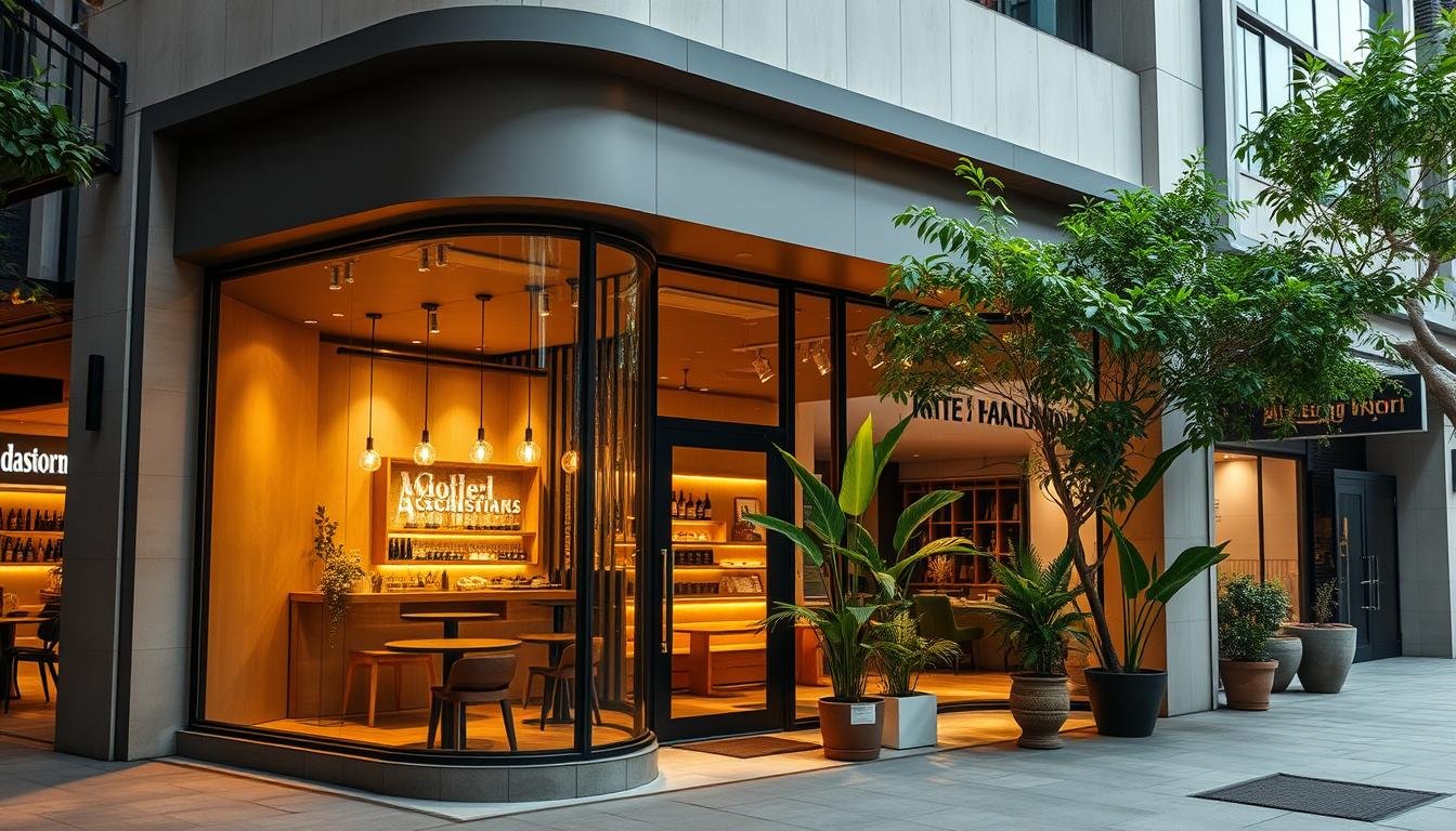 A modern, visually striking storefront along Bangkok's trendy Baan Thawin Road. The facade features sleek, minimalist design elements in neutral tones, with large display windows showcasing the interior's stylish ambiance. Warm lighting casts a cozy glow, inviting passersby to step inside and explore the space. Lush greenery and potted plants add a refreshing touch, complementing the overall sophisticated and creative aesthetic. The storefront exudes an air of exclusivity and a strong brand identity, reflecting the unique character of this dynamic culinary destination.