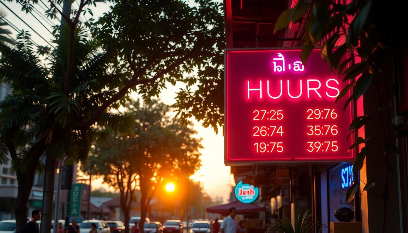 A neon-lit sign in a Thai street scene, illuminating the operating hours of a local business. The sign's vibrant colors and dynamic typography command attention, while the surrounding environment sets the context - bustling sidewalks, lush tropical foliage, and the hazy glow of a sunset. The image captures the essence of a thriving urban center, where local establishments proudly display their schedules to welcome visitors. The composition balances the informative signage with the atmospheric details of the cityscape, creating a visually engaging and immersive representation of the "營業 時間 資訊" for the travel guide.