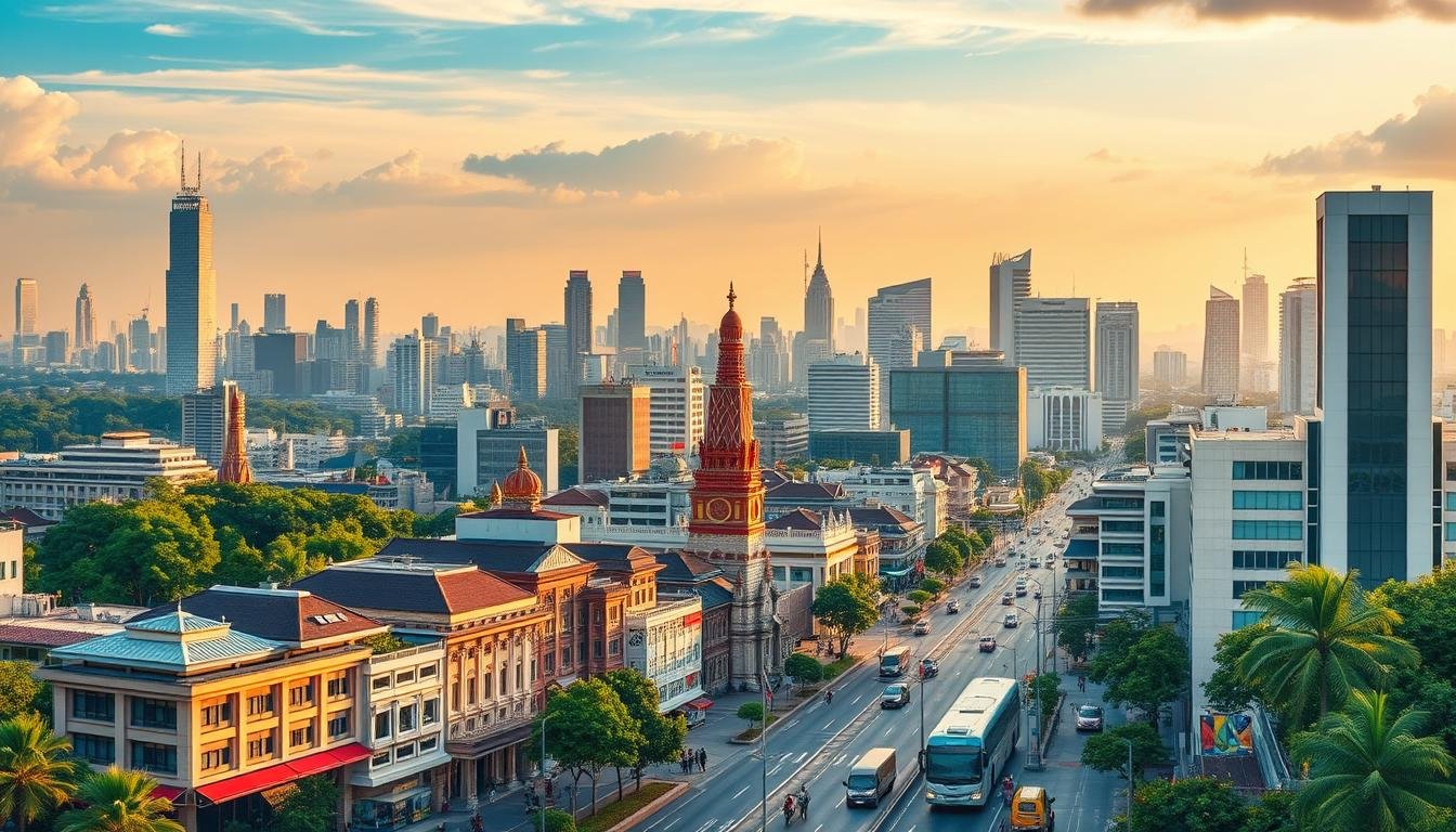 A panoramic cityscape of Bangkok's vibrant urban landscape, with towering skyscrapers and lush greenery in the distance. In the foreground, a detailed illustration of a variety of hotel options, ranging from budget-friendly hostels to luxurious resorts, each represented by unique architectural styles and visual cues. The middle ground showcases bustling streets, with locals and tourists navigating the city, offering a sense of the diverse transportation options available. The background is bathed in warm, golden-hour lighting, creating a serene and inviting atmosphere that captures the essence of Bangkok's hospitality and accommodation offerings.