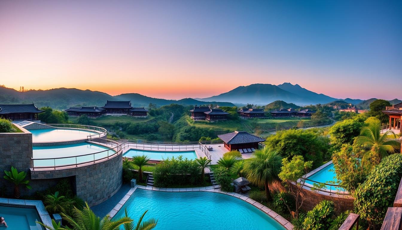 A panoramic view of the main hot spring facilities on Jeju Island, South Korea. In the foreground, a modern, sleek outdoor spa complex with natural stone walls and azure pools surrounded by lush tropical foliage. The middle ground features traditional hanok-style pavilions with curved roofs, nestled among verdant hills. In the background, the silhouette of majestic volcanic peaks rise against a softly lit sky. Warm, diffused lighting creates a serene, rejuvenating atmosphere. Capture the variety of Jeju's hot spring experiences, from contemporary luxury to historic cultural heritage, in a single sweeping vista. A panoramic view of the main hot spring facilities on Jeju Island, South Korea. In the foreground, a modern, sleek outdoor spa complex with natural stone walls and azure pools surrounded by lush tropical foliage. The middle ground features traditional hanok-style pavilions with curved roofs, nestled among verdant hills. In the background, the silhouette of majestic volcanic peaks rise against a softly lit sky. Warm, diffused lighting creates a serene, rejuvenating atmosphere. Capture the variety of Jeju's hot spring experiences, from contemporary luxury to historic cultural heritage, in a single sweeping vista.