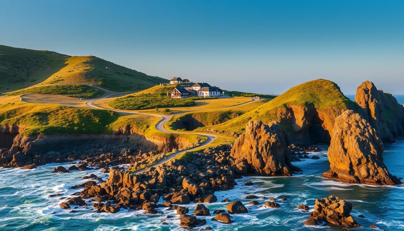 A picturesque coastal landscape on the western side of Jeju Island, South Korea. A rocky shoreline with crashing waves meets a lush, verdant hillside dotted with native flora. In the distance, a cluster of traditional thatched-roof houses sit nestled among the rolling hills, basking in warm, golden-hour sunlight. A winding path leads through the scenery, inviting exploration. Dramatic rock formations jut out from the sea, their intricate patterns and textures accentuated by dramatic shadows. The overall scene evokes a sense of serene tranquility and natural beauty, capturing the essence of Jeju's western wonders. A picturesque coastal landscape on the western side of Jeju Island, South Korea. A rocky shoreline with crashing waves meets a lush, verdant hillside dotted with native flora. In the distance, a cluster of traditional thatched-roof houses sit nestled among the rolling hills, basking in warm, golden-hour sunlight. A winding path leads through the scenery, inviting exploration. Dramatic rock formations jut out from the sea, their intricate patterns and textures accentuated by dramatic shadows. The overall scene evokes a sense of serene tranquility and natural beauty, capturing the essence of Jeju's western wonders.