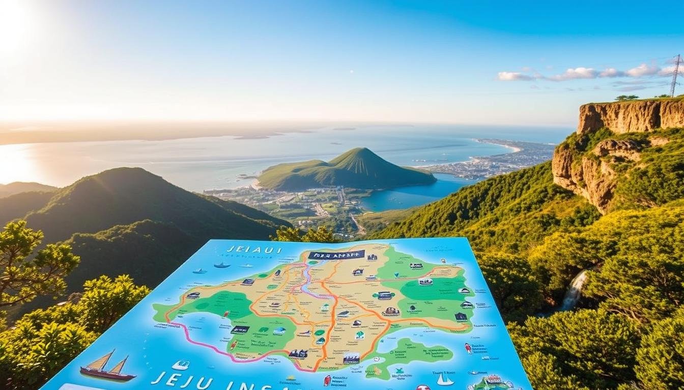 A picturesque five-day itinerary exploring the natural wonders of Jeju Island. In the foreground, a vibrant, detailed map showcases the must-see attractions, from volcanic peaks to pristine beaches. The middle ground features scenic landscapes, including lush green forests, cascading waterfalls, and the iconic Seongsan Ilchulbong sunrise peak. In the background, a panoramic view captures the island's stunning coastline, with the deep blue waters of the East China Sea lapping at the shores. The scene is bathed in warm, golden sunlight, creating a serene and inviting atmosphere. The overall composition evokes a sense of adventure, exploration, and appreciation for the island's diverse natural beauty.