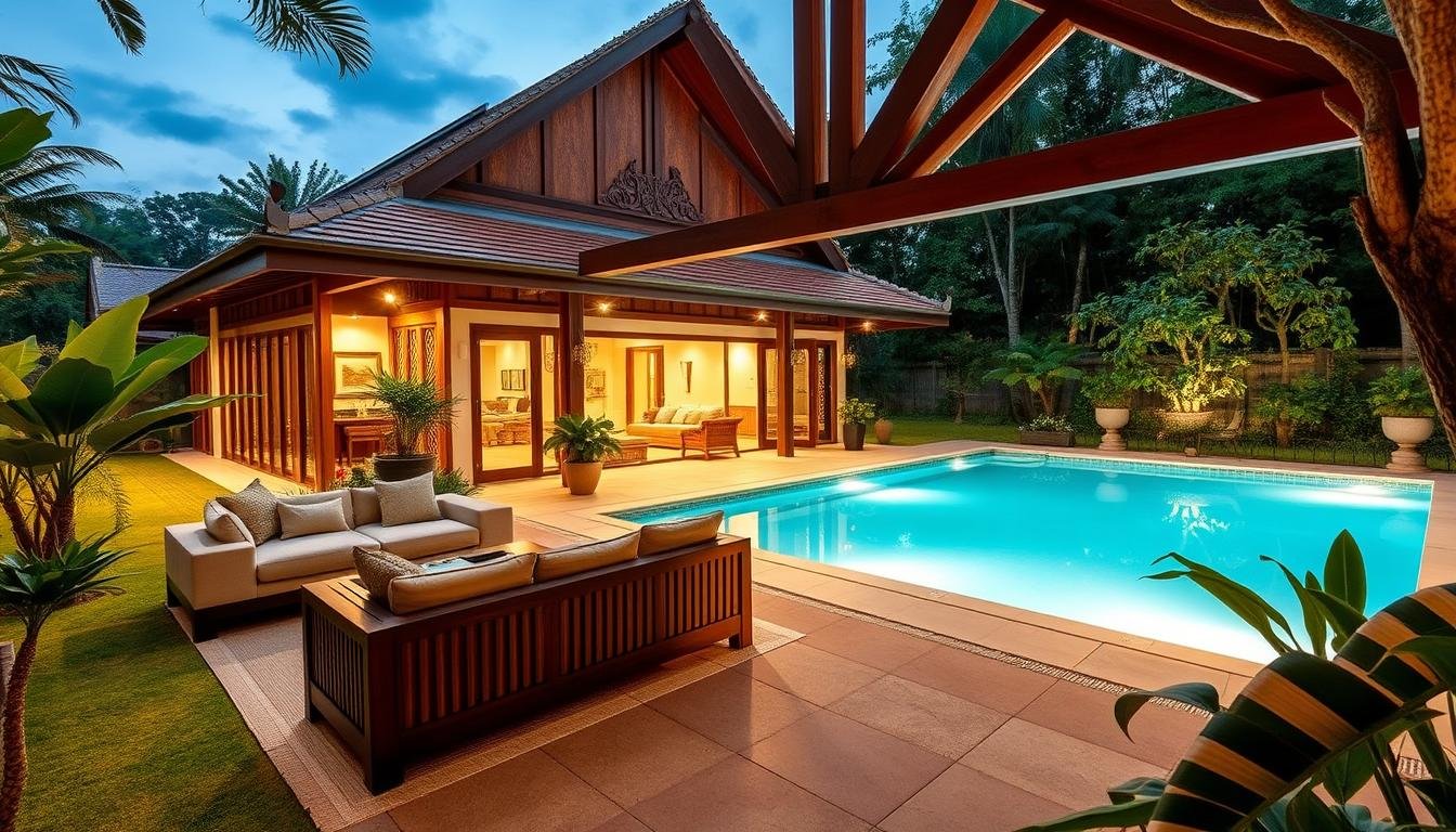 A picturesque villa nestled in the lush greenery of Bangkok's suburbs. The front facade exudes a warm, inviting ambiance with its traditional Thai-style architecture and intricate wood carvings. Stepping inside, the spacious, sun-drenched interiors feature a plush, family-friendly living area with plush couches and cozy reading nooks. The kitchen is fully equipped, perfect for preparing wholesome meals together. Outside, a sparkling pool is surrounded by a tranquil, meticulously landscaped garden, providing an idyllic setting for quality time with loved ones. Soft, diffused lighting casts a cozy glow, creating an atmosphere of comfort and relaxation. This serene, picturesque villa offers the perfect haven for a memorable family getaway in the heart of Bangkok. A picturesque villa nestled in the lush greenery of Bangkok's suburbs. The front facade exudes a warm, inviting ambiance with its traditional Thai-style architecture and intricate wood carvings. Stepping inside, the spacious, sun-drenched interiors feature a plush, family-friendly living area with plush couches and cozy reading nooks. The kitchen is fully equipped, perfect for preparing wholesome meals together. Outside, a sparkling pool is surrounded by a tranquil, meticulously landscaped garden, providing an idyllic setting for quality time with loved ones. Soft, diffused lighting casts a cozy glow, creating an atmosphere of comfort and relaxation. This serene, picturesque villa offers the perfect haven for a memorable family getaway in the heart of Bangkok.