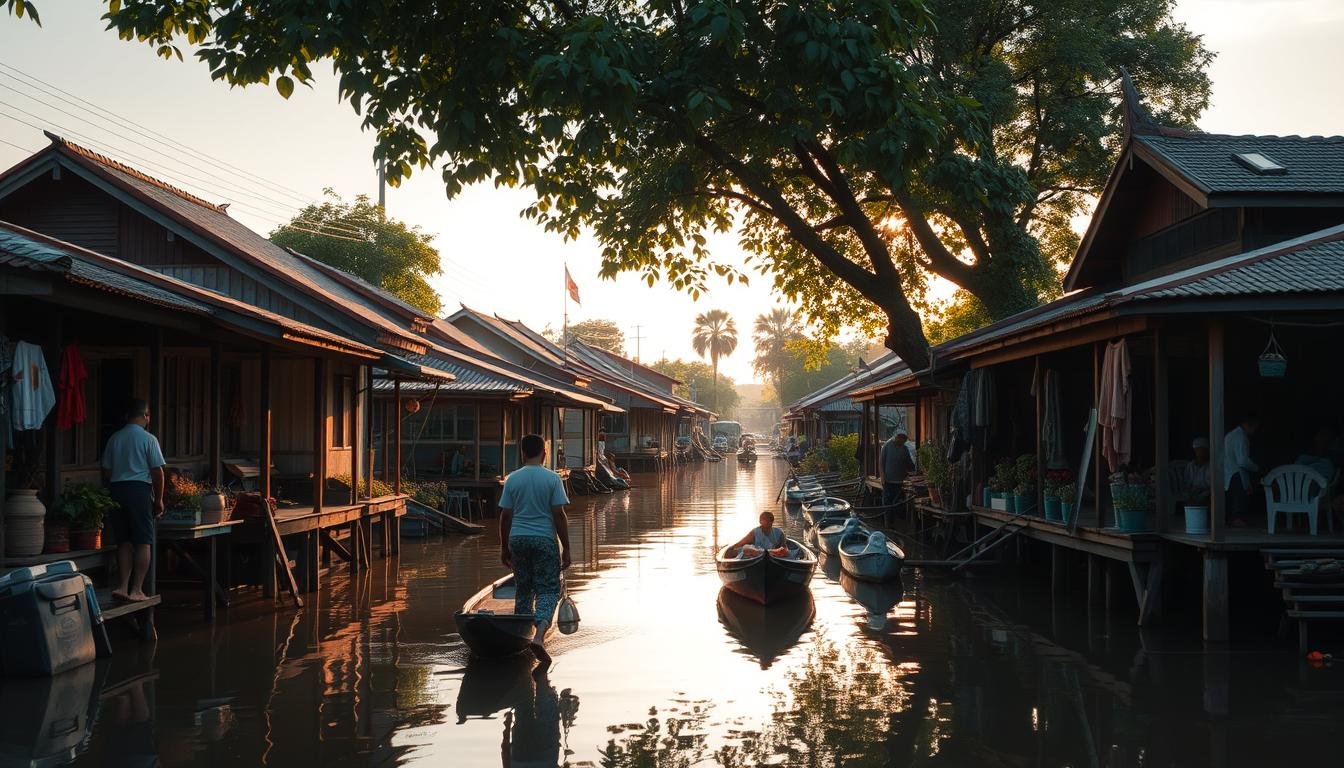 A quaint riverside community in Hua Ta Khe, Bangkok, where time seems to stand still. Wooden houses on stilts line the tranquil waterways, their reflections dancing across the surface. Locals go about their daily lives, carrying produce, tending to small gardens, and chatting with neighbors. The warm, golden light of the afternoon sun bathes the scene, evoking a sense of timelessness and harmony. In the background, the lush greenery of overhanging trees creates a peaceful, verdant backdrop. This idyllic snapshot captures the unhurried rhythm of local living, a serene oasis amidst the bustling city.