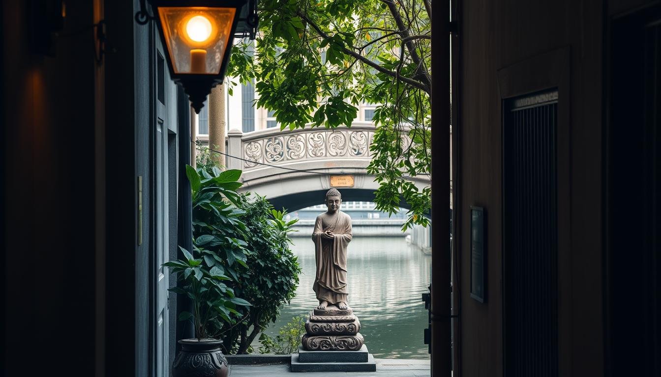A quiet, secluded alleyway in Bangkok, bathed in soft, warm lighting. The foreground features an ornate, vintage-style lamppost, its intricate design casting gentle shadows. In the middle ground, an intricately carved statue of a Buddhist monk stands serenely, surrounded by lush, verdant foliage. The background showcases a quaint, historic bridge spanning a serene canal, its reflection rippling in the still waters. The overall scene exudes a sense of tranquility and timelessness, inviting the viewer to pause and immerse themselves in the unique charm of this off-the-beaten-path photographic gem. A quiet, secluded alleyway in Bangkok, bathed in soft, warm lighting. The foreground features an ornate, vintage-style lamppost, its intricate design casting gentle shadows. In the middle ground, an intricately carved statue of a Buddhist monk stands serenely, surrounded by lush, verdant foliage. The background showcases a quaint, historic bridge spanning a serene canal, its reflection rippling in the still waters. The overall scene exudes a sense of tranquility and timelessness, inviting the viewer to pause and immerse themselves in the unique charm of this off-the-beaten-path photographic gem.