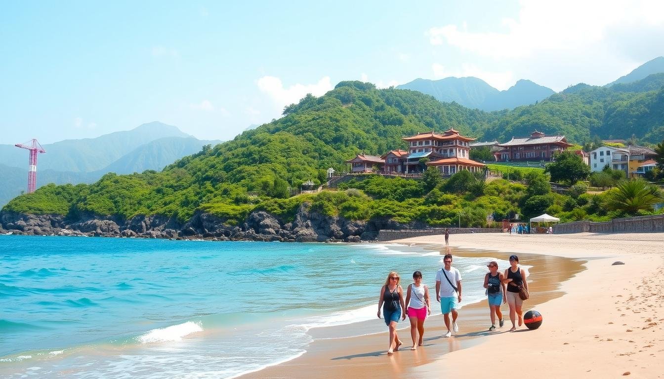 A scenic beach landscape on Jeju Island, South Korea, with crystal-clear turquoise waters lapping against a sandy shore. In the foreground, a group of carefree travelers stroll along the coastline, soaking up the sun and taking in the breathtaking views. The middle ground features a lush, verdant hillside dotted with traditional Jeju-style architecture, offering a glimpse into the island's unique cultural heritage. The background is dominated by the majestic silhouettes of volcanic peaks, shrouded in a soft, hazy atmosphere. The overall scene exudes a sense of tranquility and adventure, capturing the essence of a perfect Jeju Island self-guided exploration. A scenic beach landscape on Jeju Island, South Korea, with crystal-clear turquoise waters lapping against a sandy shore. In the foreground, a group of carefree travelers stroll along the coastline, soaking up the sun and taking in the breathtaking views. The middle ground features a lush, verdant hillside dotted with traditional Jeju-style architecture, offering a glimpse into the island's unique cultural heritage. The background is dominated by the majestic silhouettes of volcanic peaks, shrouded in a soft, hazy atmosphere. The overall scene exudes a sense of tranquility and adventure, capturing the essence of a perfect Jeju Island self-guided exploration.
