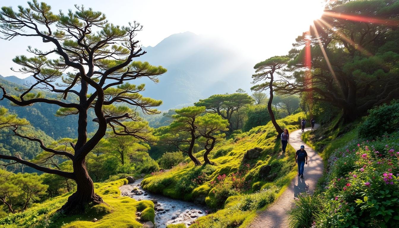 A scenic mountain trail winding through lush, verdant forests on Hallasan Mountain, Jeju Island. The path meanders along a babbling brook, with towering peaks rising in the distance. Sunlight filters through the canopy of trees, casting a warm, golden glow over the scene. The trail is dotted with vibrant wildflowers and ancient, twisted trees, creating a serene and picturesque natural landscape. Hikers traverse the trail, exploring the diverse ecosystems and breathtaking vistas that Hallasan has to offer. A pristine, unspoiled slice of Jeju's stunning natural beauty. A scenic mountain trail winding through lush, verdant forests on Hallasan Mountain, Jeju Island. The path meanders along a babbling brook, with towering peaks rising in the distance. Sunlight filters through the canopy of trees, casting a warm, golden glow over the scene. The trail is dotted with vibrant wildflowers and ancient, twisted trees, creating a serene and picturesque natural landscape. Hikers traverse the trail, exploring the diverse ecosystems and breathtaking vistas that Hallasan has to offer. A pristine, unspoiled slice of Jeju's stunning natural beauty.