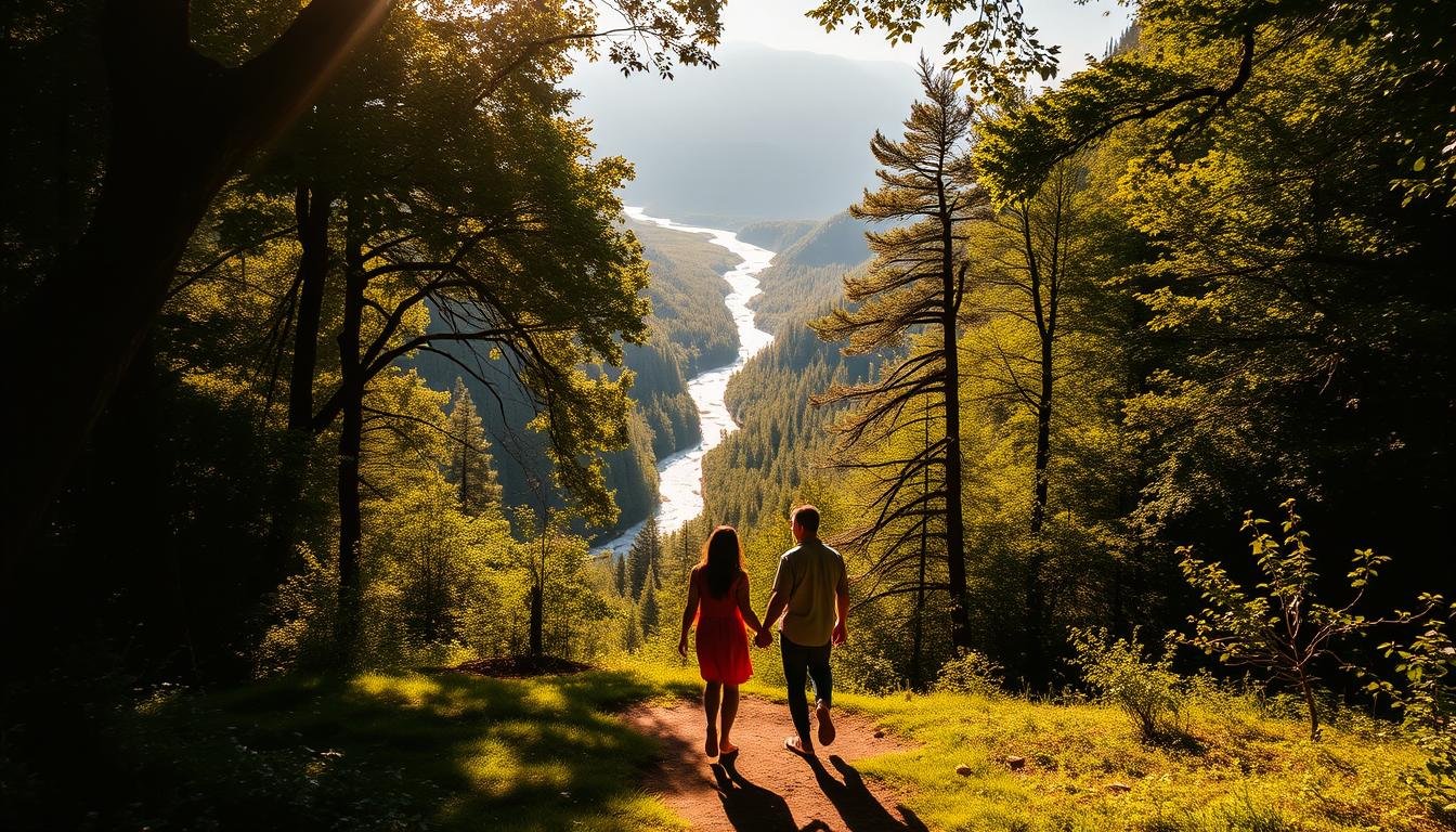 A secluded, picturesque landscape nestled amid lush greenery. A couple strolls hand-in-hand, bathed in warm, golden sunlight filtering through the canopy of towering trees. In the distance, a serene, sparkling stream winds its way through the serene setting. The pair pause to admire the breathtaking vista, their silhouettes framed by the verdant foliage. A sense of tranquility and romance permeates the scene, capturing a cherished moment of intimacy in an enchanting, hidden paradise. A secluded, picturesque landscape nestled amid lush greenery. A couple strolls hand-in-hand, bathed in warm, golden sunlight filtering through the canopy of towering trees. In the distance, a serene, sparkling stream winds its way through the serene setting. The pair pause to admire the breathtaking vista, their silhouettes framed by the verdant foliage. A sense of tranquility and romance permeates the scene, capturing a cherished moment of intimacy in an enchanting, hidden paradise.