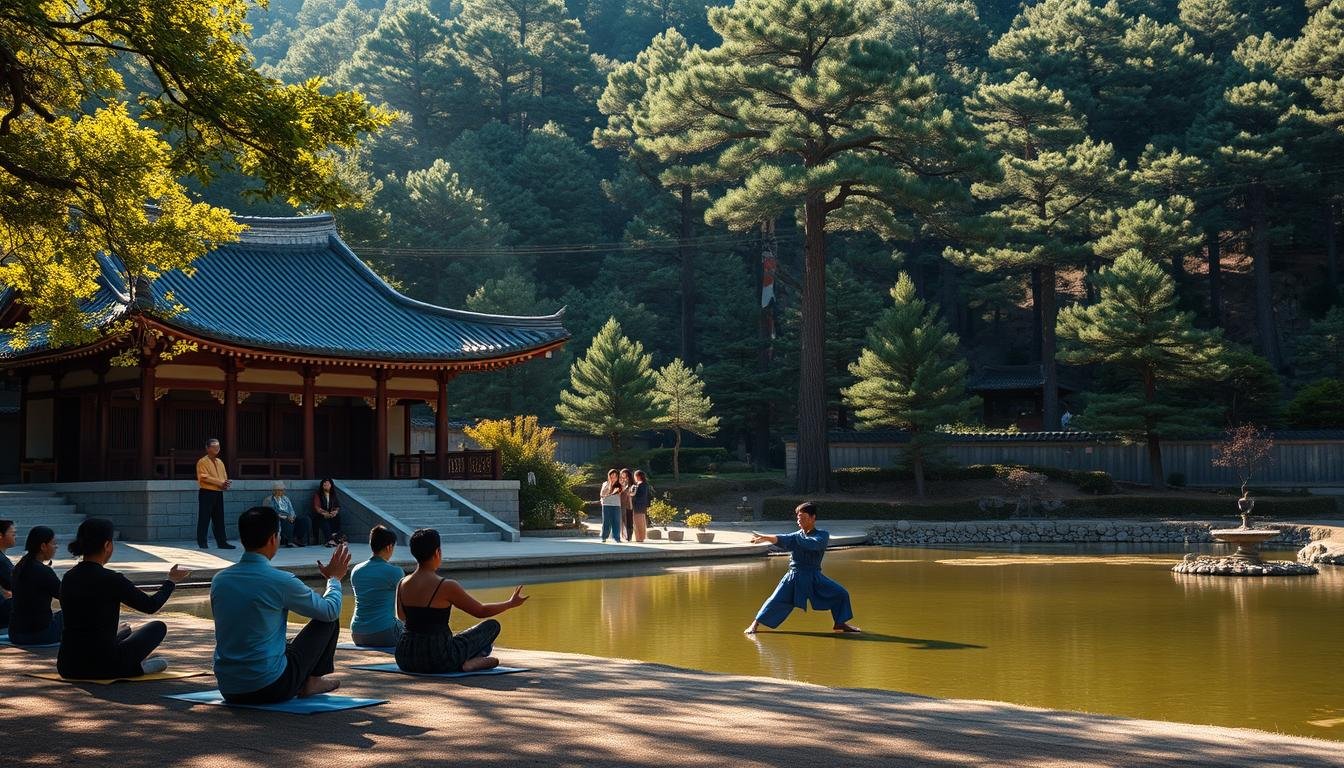 A serene Korean temple nestled in a lush, mountainous landscape. Sunlight filters through the canopy, casting a warm glow on the traditional architecture. In the foreground, a group of people engaged in meditative practices, their movements fluid and graceful. The middle ground features practitioners of Korean martial arts, their forms precise and powerful. In the background, a tranquil pond reflects the towering pine trees, creating a sense of harmony and balance. The overall atmosphere is one of spiritual and physical rejuvenation, embodying the essence of Korean cultural experience.