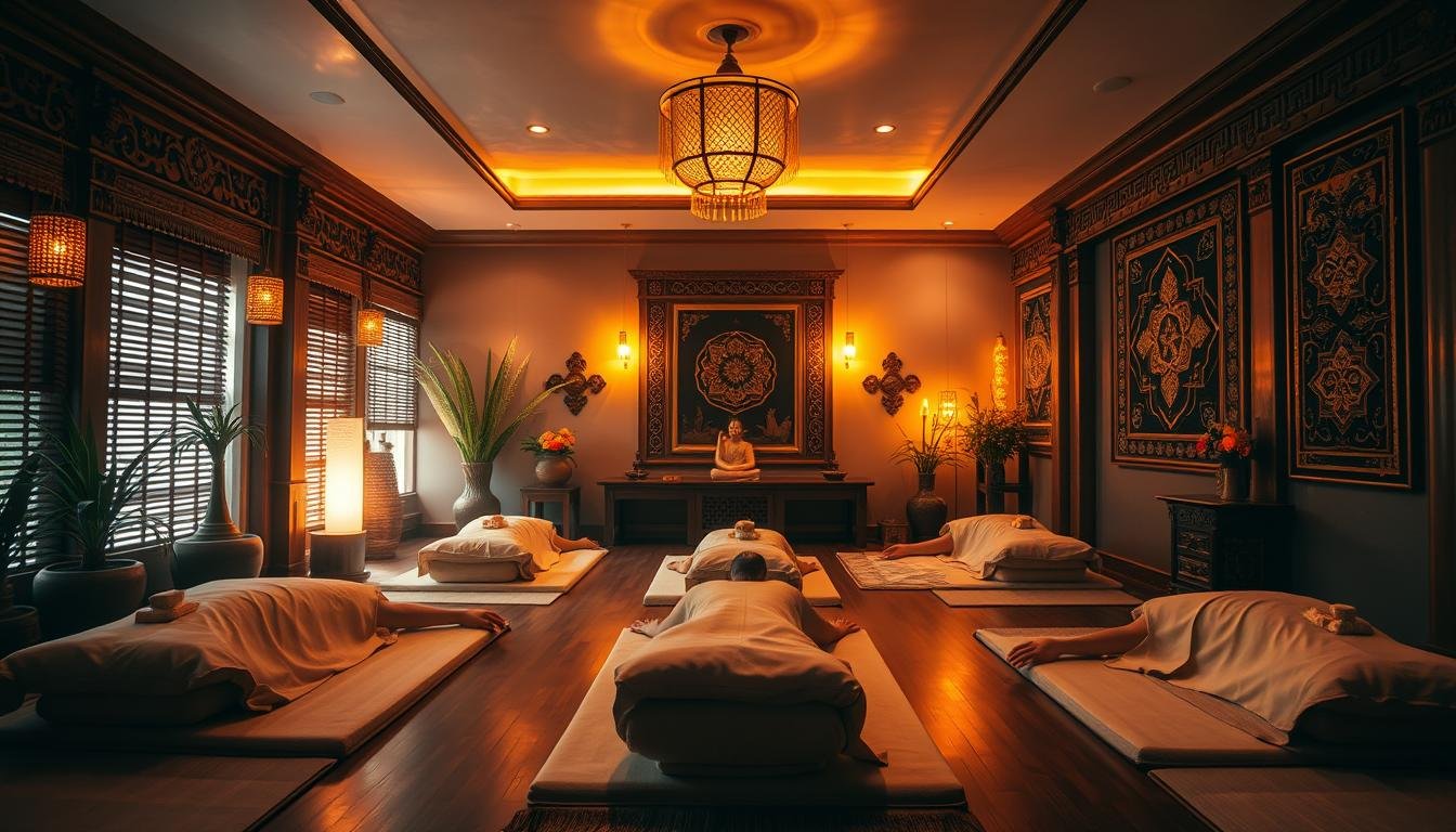 A serene Thai massage parlor in the heart of Bangkok, bathed in warm, diffused lighting that casts a soothing glow. Plush mats line the floor, inviting patrons to recline and surrender to the skilled hands of the masseuses. The air is filled with the tranquil scent of lemongrass and jasmine, creating a sanctuary of calm amidst the bustling city. In the background, the gentle chimes of traditional Thai music guide the rhythm of the massage, lulling the senses into a state of deep relaxation. Wooden carvings and intricate tapestries adorn the walls, reflecting the rich cultural heritage of this ancient healing art. This serene oasis offers a respite from the city's vibrant energy, allowing visitors to immerse themselves in the art of Thai massage and the restorative power of mindful, unhurried living. A serene Thai massage parlor in the heart of Bangkok, bathed in warm, diffused lighting that casts a soothing glow. Plush mats line the floor, inviting patrons to recline and surrender to the skilled hands of the masseuses. The air is filled with the tranquil scent of lemongrass and jasmine, creating a sanctuary of calm amidst the bustling city. In the background, the gentle chimes of traditional Thai music guide the rhythm of the massage, lulling the senses into a state of deep relaxation. Wooden carvings and intricate tapestries adorn the walls, reflecting the rich cultural heritage of this ancient healing art. This serene oasis offers a respite from the city's vibrant energy, allowing visitors to immerse themselves in the art of Thai massage and the restorative power of mindful, unhurried living.