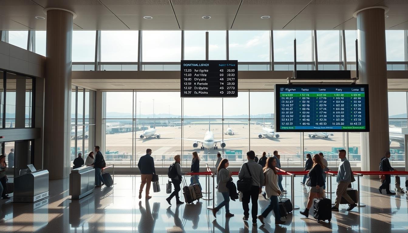 A serene airport terminal with sleek modern architecture, filled with natural light streaming through large windows. In the foreground, a group of travelers efficiently navigating the check-in counters, their movements choreographed like a well-oiled machine. The middle ground showcases a digital display board with flight information, the interface intuitive and easy to navigate. In the background, a panoramic view of the bustling tarmac, where aircraft take off and land with precision. The overall scene conveys a sense of effortless organization, guiding the viewer through the process of booking a Hong Kong flight with confidence and ease. A serene airport terminal with sleek modern architecture, filled with natural light streaming through large windows. In the foreground, a group of travelers efficiently navigating the check-in counters, their movements choreographed like a well-oiled machine. The middle ground showcases a digital display board with flight information, the interface intuitive and easy to navigate. In the background, a panoramic view of the bustling tarmac, where aircraft take off and land with precision. The overall scene conveys a sense of effortless organization, guiding the viewer through the process of booking a Hong Kong flight with confidence and ease.