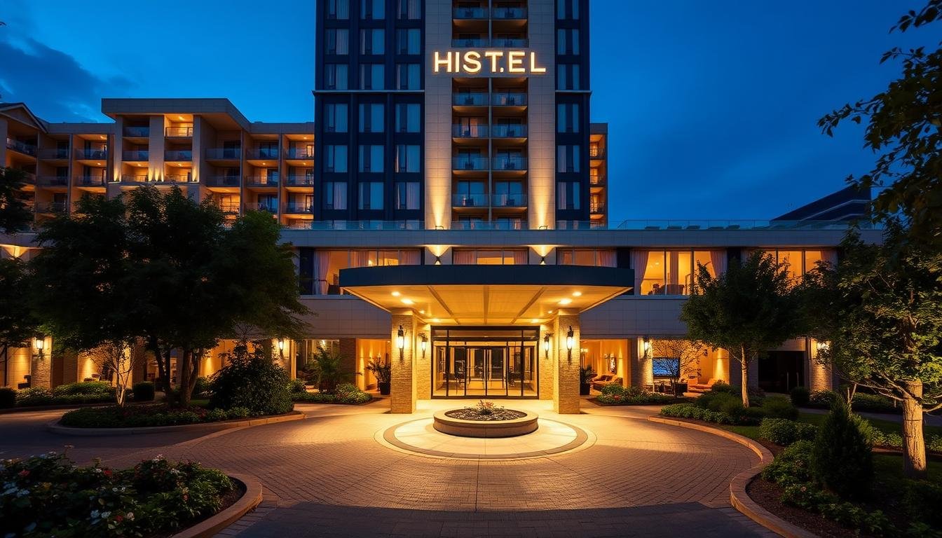 A serene and elegant hotel exterior with a contemporary architectural design, featuring a well-lit entrance with a circular drive and lush landscaping. The lighting is soft and warm, creating a cozy and inviting ambiance. The building materials are a harmonious blend of glass, steel, and natural stone, reflecting the urban sophistication and romantic atmosphere of the city. The overall composition emphasizes the hotel's stylish and luxurious character, inviting guests to experience an intimate and indulgent urban retreat. A serene and elegant hotel exterior with a contemporary architectural design, featuring a well-lit entrance with a circular drive and lush landscaping. The lighting is soft and warm, creating a cozy and inviting ambiance. The building materials are a harmonious blend of glass, steel, and natural stone, reflecting the urban sophistication and romantic atmosphere of the city. The overall composition emphasizes the hotel's stylish and luxurious character, inviting guests to experience an intimate and indulgent urban retreat.
