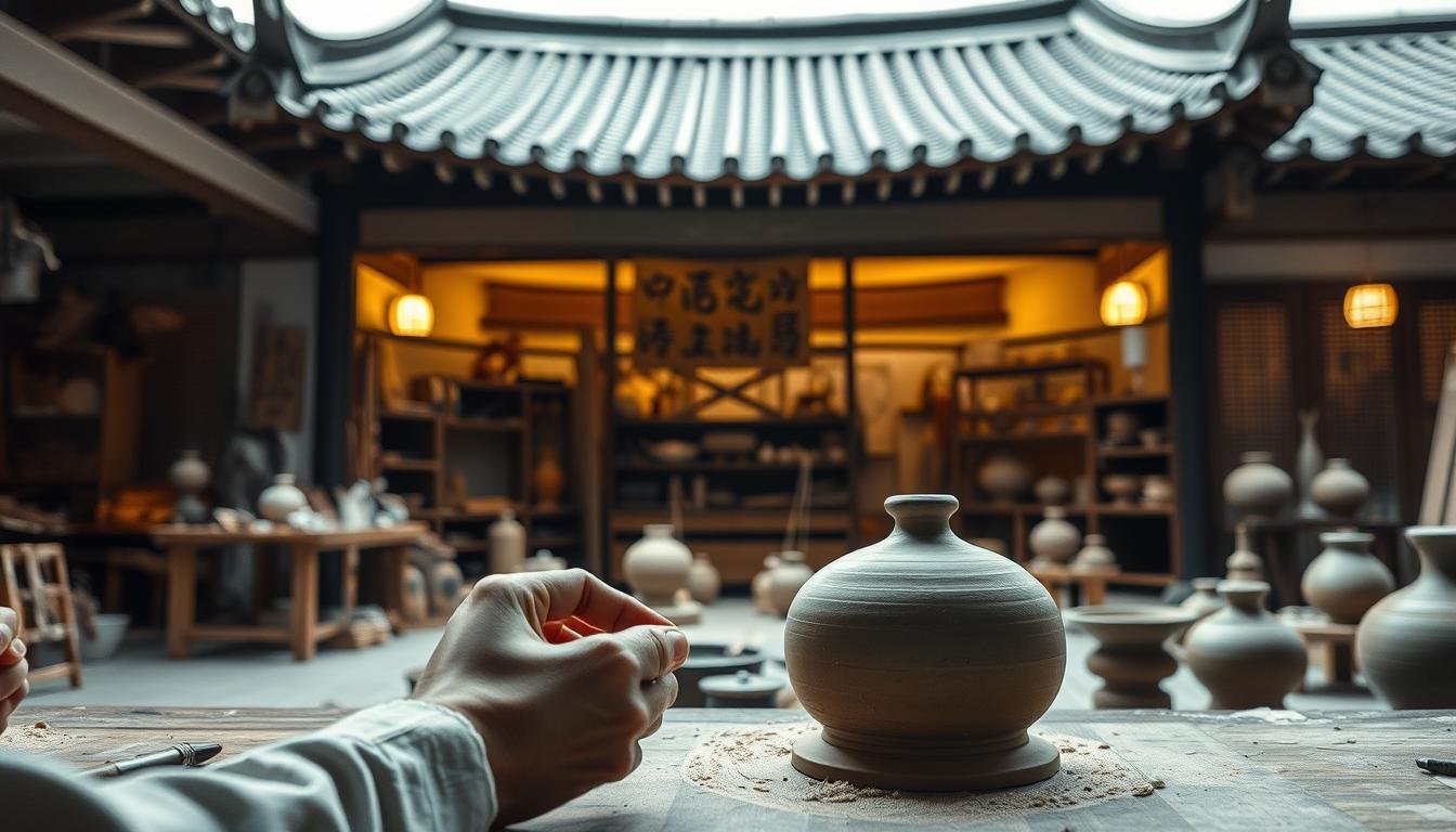 A serene and immersive scene showcasing the essence of traditional Korean craftsmanship. In the foreground, a skilled artisan delicately shapes clay into a masterpiece, their hands guiding the material with practiced precision. The middle ground reveals a workshop filled with an array of intricate tools and half-finished works, each a testament to the dedication and artistry of the craftspeople. The background features a traditional Korean architectural setting, with graceful eaves and warm lighting casting a soft glow over the scene, evoking a sense of timelessness and cultural heritage. The lighting is soft and natural, capturing the artisanal process in an intimate, almost meditative manner. The overall composition invites the viewer to immerse themselves in the rich tapestry of Korean traditional crafts. A serene and immersive scene showcasing the essence of traditional Korean craftsmanship. In the foreground, a skilled artisan delicately shapes clay into a masterpiece, their hands guiding the material with practiced precision. The middle ground reveals a workshop filled with an array of intricate tools and half-finished works, each a testament to the dedication and artistry of the craftspeople. The background features a traditional Korean architectural setting, with graceful eaves and warm lighting casting a soft glow over the scene, evoking a sense of timelessness and cultural heritage. The lighting is soft and natural, capturing the artisanal process in an intimate, almost meditative manner. The overall composition invites the viewer to immerse themselves in the rich tapestry of Korean traditional crafts.