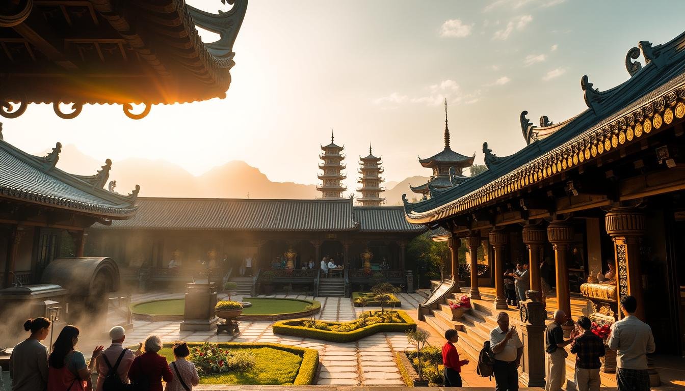 A serene and tranquil temple courtyard, bathed in warm, golden sunlight filtering through the ornate rooftops. Intricate carvings and ornamentations adorn the ancient structures, reflecting the rich history and cultural heritage of Hong Kong. In the foreground, a group of devotees offer prayers and light incense, their gestures of reverence captured in a soft, ethereal light. The middle ground features a beautifully landscaped garden, with lush greenery and carefully placed stone paths leading visitors through this peaceful sanctuary. In the background, the towering pagodas and intricate architectural details create a sense of grandeur and timelessness, inviting the viewer to step back in time and experience the timeless traditions of Hong Kong's revered temple culture. A serene and tranquil temple courtyard, bathed in warm, golden sunlight filtering through the ornate rooftops. Intricate carvings and ornamentations adorn the ancient structures, reflecting the rich history and cultural heritage of Hong Kong. In the foreground, a group of devotees offer prayers and light incense, their gestures of reverence captured in a soft, ethereal light. The middle ground features a beautifully landscaped garden, with lush greenery and carefully placed stone paths leading visitors through this peaceful sanctuary. In the background, the towering pagodas and intricate architectural details create a sense of grandeur and timelessness, inviting the viewer to step back in time and experience the timeless traditions of Hong Kong's revered temple culture.