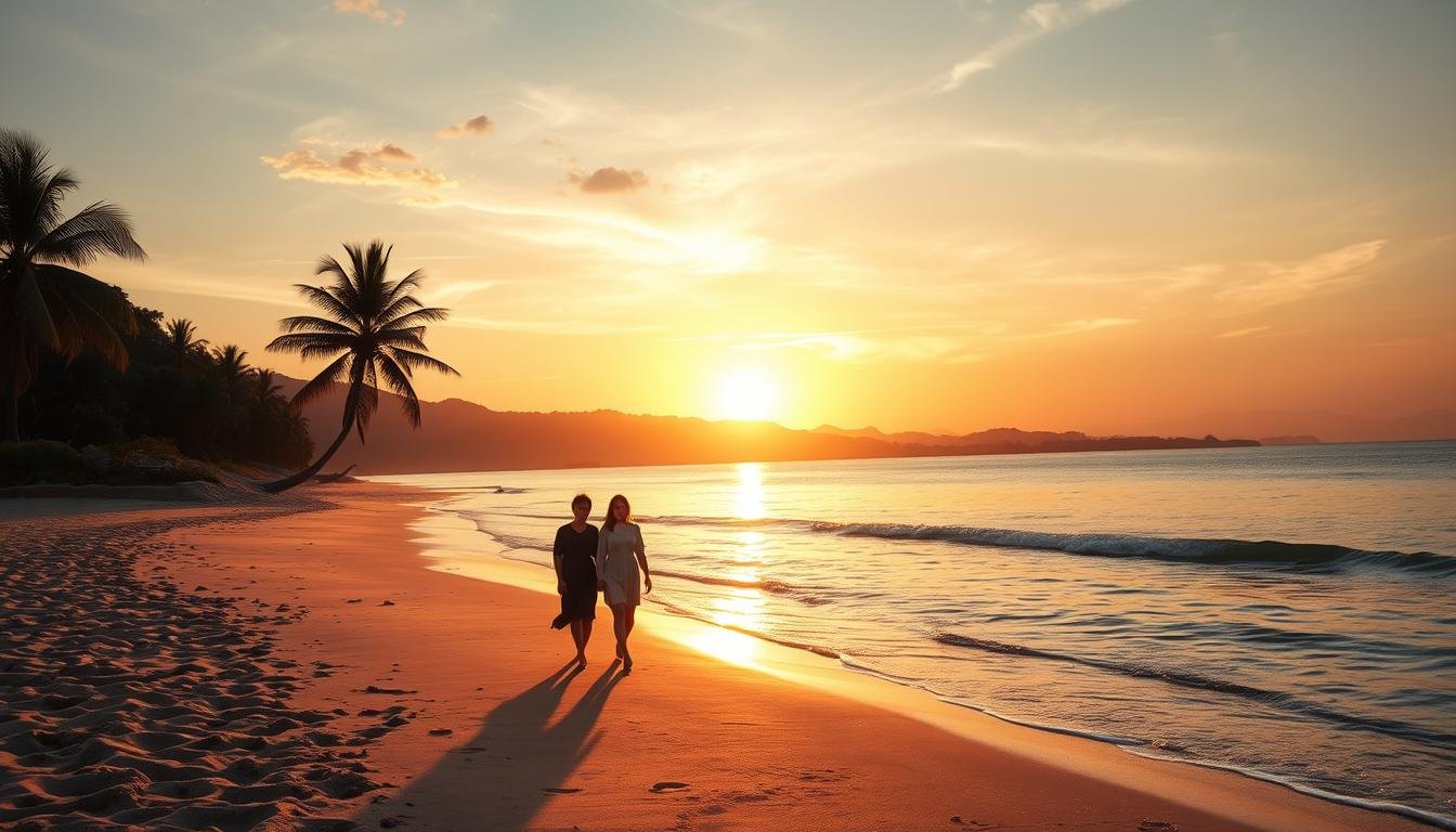 A serene beach landscape at golden hour, with a stunning sunset casting a warm glow over the gently lapping waves. In the foreground, fine sand leading to the water's edge, where couples stroll hand-in-hand, silhouetted against the breathtaking sky. The middle ground features swaying palm trees and lush tropical foliage, creating a sense of seclusion. In the background, distant mountains fade into the horizon, their peaks bathed in vibrant hues of orange and pink. The scene is filled with a romantic, dreamy atmosphere, inviting the viewer to immerse themselves in the tranquil beauty of this idyllic Korean beach paradise.