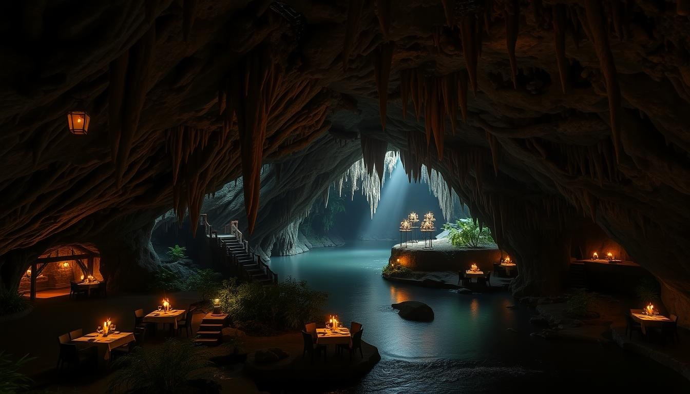 A serene, dimly lit cavern with a tranquil underground river flowing through. Stalactites and stalagmites adorn the cavernous ceilings and floors, creating an enchanting, natural ambiance. Soft, warm lighting from hanging lanterns and candles casts a romantic glow, highlighting the intricate rock formations. Small, intimate dining tables are scattered throughout the cavern, surrounded by lush greenery and the gentle sound of cascading water. The overall atmosphere is one of seclusion, wonder, and a touch of mystery, inviting guests to immerse themselves in a truly unique dining experience. A serene, dimly lit cavern with a tranquil underground river flowing through. Stalactites and stalagmites adorn the cavernous ceilings and floors, creating an enchanting, natural ambiance. Soft, warm lighting from hanging lanterns and candles casts a romantic glow, highlighting the intricate rock formations. Small, intimate dining tables are scattered throughout the cavern, surrounded by lush greenery and the gentle sound of cascading water. The overall atmosphere is one of seclusion, wonder, and a touch of mystery, inviting guests to immerse themselves in a truly unique dining experience.