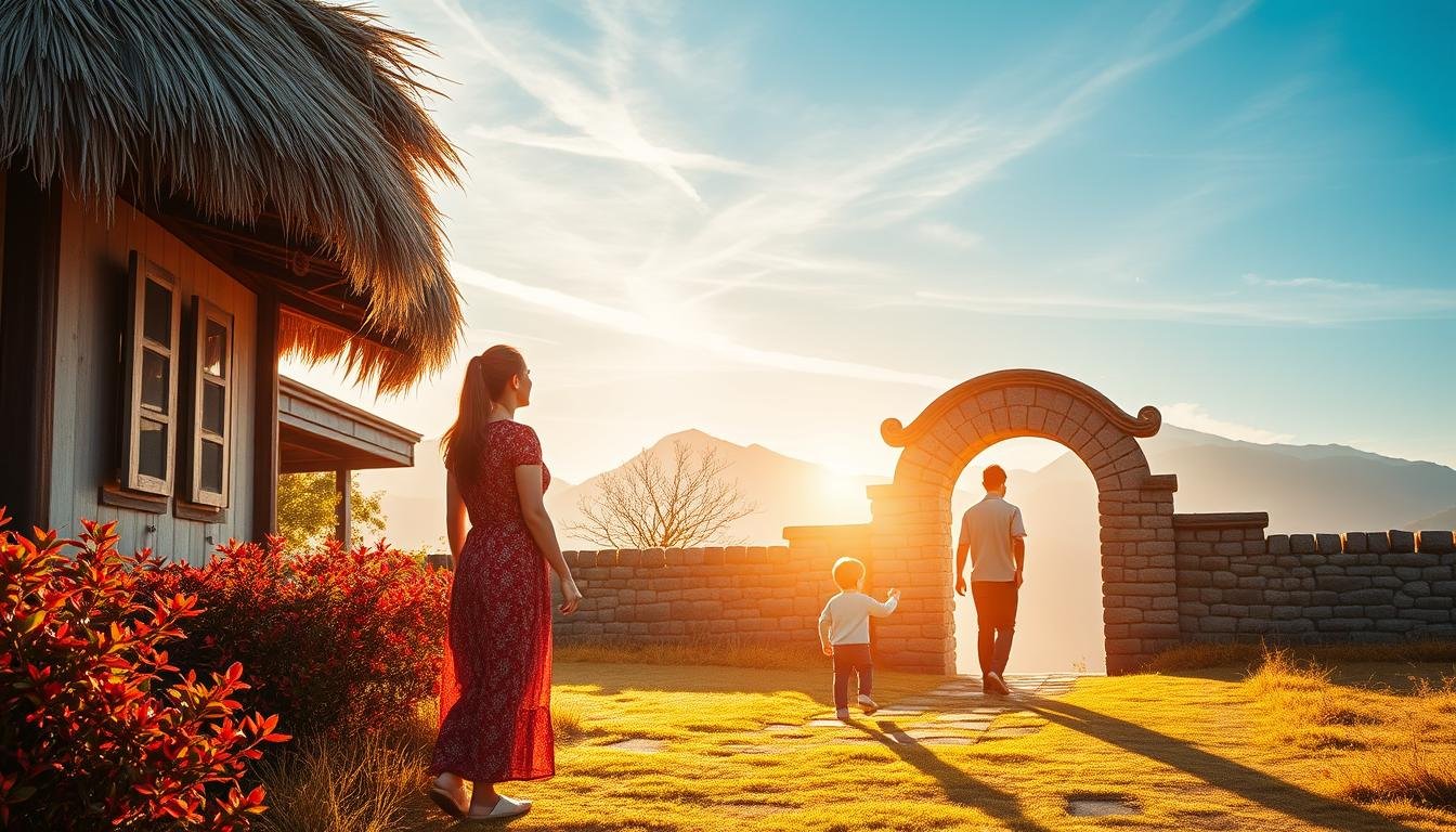 A serene family exploring the cultural wonders of Jeju Island, South Korea. In the foreground, a mother and child stand hand-in-hand, gazing up at a traditional thatched-roof house. The warm, golden sunlight casts a soft glow, highlighting the vibrant colors of the island's vegetation. In the middle ground, a father guides his young son through an ornate stone archway, leading them on a journey of discovery. The background features a majestic mountain landscape, its peaks shrouded in wispy clouds. The scene conveys a sense of wonder, learning, and connection with the island's rich heritage. Captured with a wide-angle lens to emphasize the scale and grandeur of the setting. A serene family exploring the cultural wonders of Jeju Island, South Korea. In the foreground, a mother and child stand hand-in-hand, gazing up at a traditional thatched-roof house. The warm, golden sunlight casts a soft glow, highlighting the vibrant colors of the island's vegetation. In the middle ground, a father guides his young son through an ornate stone archway, leading them on a journey of discovery. The background features a majestic mountain landscape, its peaks shrouded in wispy clouds. The scene conveys a sense of wonder, learning, and connection with the island's rich heritage. Captured with a wide-angle lens to emphasize the scale and grandeur of the setting.