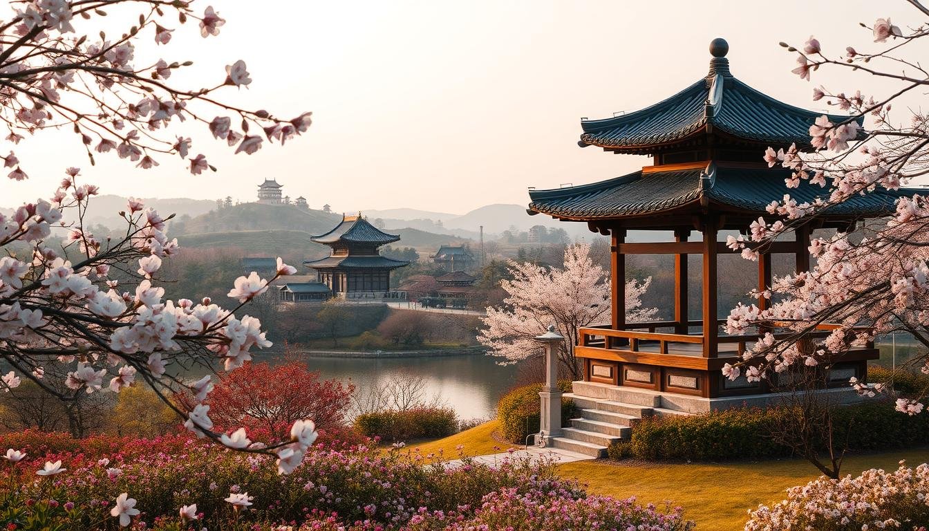 A serene landscape where cultural elements seamlessly blend with the natural beauty of a blooming flower garden. In the foreground, a traditional Korean pavilion stands amidst a vibrant display of cherry blossoms, their delicate petals swaying in the gentle breeze. The middle ground features a tranquil pond, its surface reflecting the surrounding foliage and architecture. In the background, rolling hills dotted with ancient temples and pagodas create a picturesque scene, evoking a sense of timeless harmony between man and nature. Warm, soft lighting bathes the entire composition, creating a dreamlike atmosphere that invites the viewer to step into this enchanting realm of cultural and natural fusion. A serene landscape where cultural elements seamlessly blend with the natural beauty of a blooming flower garden. In the foreground, a traditional Korean pavilion stands amidst a vibrant display of cherry blossoms, their delicate petals swaying in the gentle breeze. The middle ground features a tranquil pond, its surface reflecting the surrounding foliage and architecture. In the background, rolling hills dotted with ancient temples and pagodas create a picturesque scene, evoking a sense of timeless harmony between man and nature. Warm, soft lighting bathes the entire composition, creating a dreamlike atmosphere that invites the viewer to step into this enchanting realm of cultural and natural fusion.