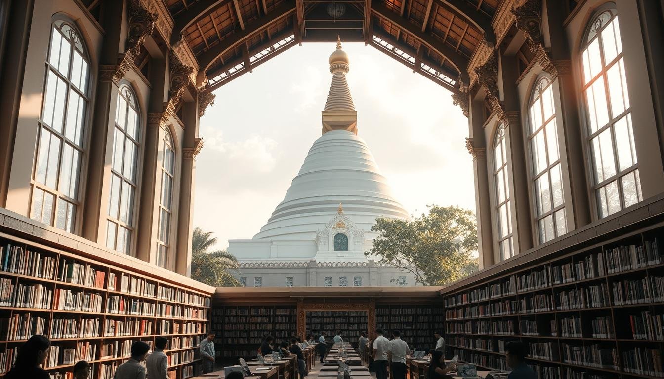 A serene library nestled amid the towering presence of a grand Buddhist stupa, the graceful interplay of ancient wisdom and modern knowledge. Sunlight filters through tall windows, casting a warm glow on the rows of books and the intricate architectural details. In the foreground, readers immersed in their studies, while in the distance, the majestic golden spire of the stupa rises, a beacon of spiritual contemplation. The scene evokes a harmony between the pursuit of intellectual growth and the cultivation of inner peace, inviting the viewer to experience a journey of the mind and the soul.