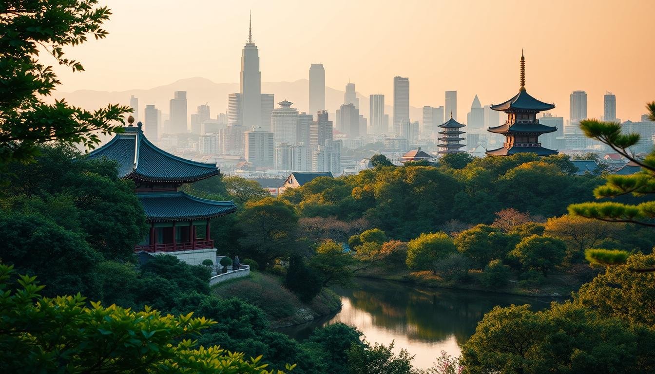 A serene, panoramic landscape showcasing the harmonious interplay between Korean religious traditions and modern society. In the foreground, a tranquil Buddhist temple nestled amidst lush, verdant foliage, its elegant architecture reflecting in a tranquil pond. In the middle ground, a bustling city skyline rises, skyscrapers and high-rises intertwined with the graceful spires of traditional Korean pagodas. The background is bathed in a warm, golden light, creating a sense of timeless balance between the sacred and the secular. The scene exudes a contemplative mood, inviting the viewer to explore the deep, multifaceted relationship between Korea's vibrant religious heritage and its thriving, dynamic urban landscape.