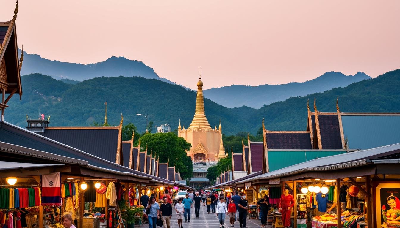 A serene, picturesque cityscape of Chiang Mai, Thailand. In the foreground, a bustling night market with vibrant stalls selling local handicrafts and delectable street food. The middle ground showcases the iconic Wat Phan Tao, its golden spires gleaming in the warm evening light. In the background, lush, verdant mountains rise up, creating a stunning natural backdrop. The scene is bathed in a soft, ambient glow, evoking a sense of tranquility and cultural immersion. Shot with a wide-angle lens to capture the panoramic grandeur of this beloved northern Thai city, a perfect extension to any Thailand travel experience.