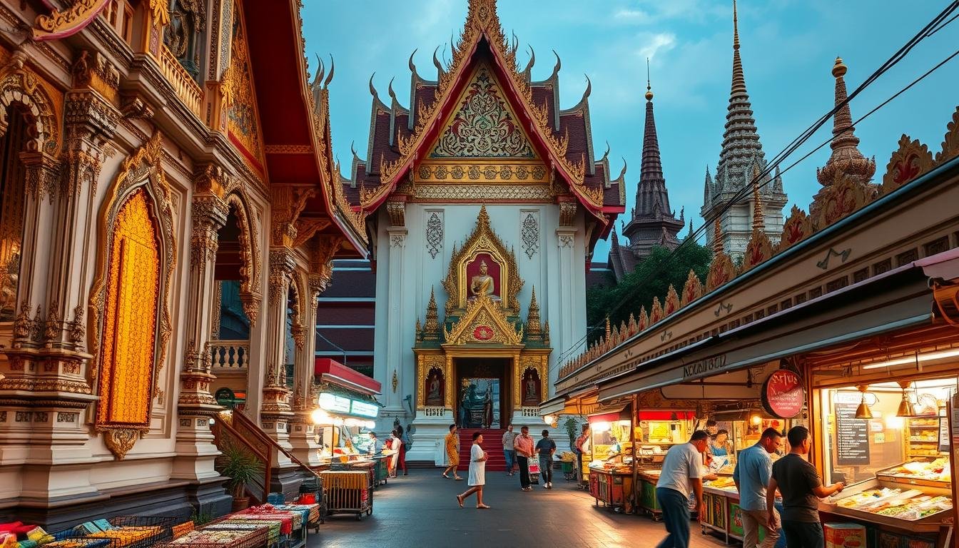 A serene seven-day, six-night itinerary in Bangkok, featuring intricate Buddhist temples, bustling open-air markets, and lively night markets. Capture the essence of Thai culture and cuisine through a refined lens. Showcase ornate architectural details, vibrant textiles and handicrafts, and the lively energy of the city's iconic street food stalls. Employ a warm, natural lighting scheme to evoke a sense of authenticity, with a slightly elevated perspective to provide a comprehensive view of the scene. Convey a tranquil, immersive atmosphere that invites the viewer to step into the heart of this captivating Thai experience.