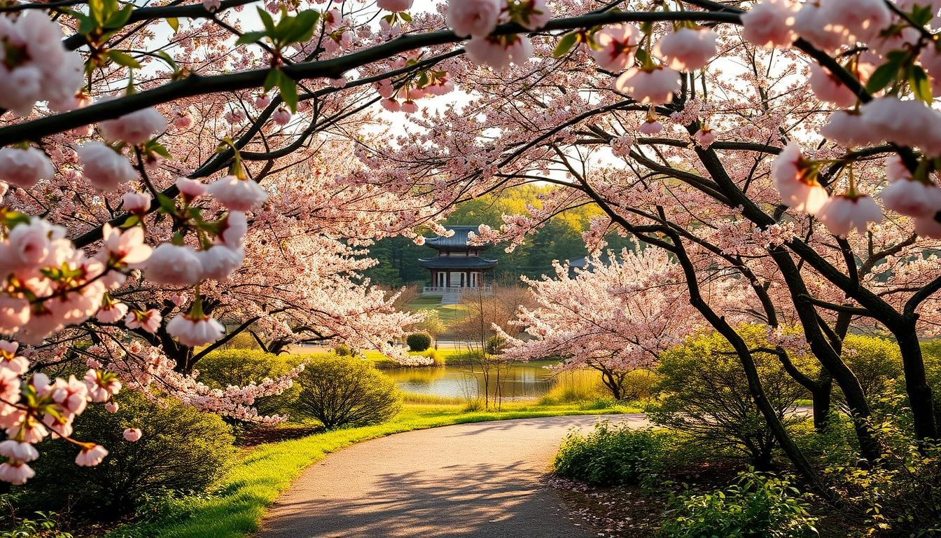 A serene spring garden in full bloom, captured with a wide-angle lens to showcase the lush foliage and vibrant blossoms. The foreground features a path winding through a tapestry of cherry trees, their delicate pink petals drifting on a gentle breeze. In the middle ground, a tranquil pond reflects the surrounding flora, while in the background, a traditional pavilion stands as a testament to the harmonious integration of nature and architecture. The scene is bathed in warm, golden sunlight, casting a soft, inviting glow and emphasizing the tranquility and beauty of this quintessential Korean spring landscape. A serene spring garden in full bloom, captured with a wide-angle lens to showcase the lush foliage and vibrant blossoms. The foreground features a path winding through a tapestry of cherry trees, their delicate pink petals drifting on a gentle breeze. In the middle ground, a tranquil pond reflects the surrounding flora, while in the background, a traditional pavilion stands as a testament to the harmonious integration of nature and architecture. The scene is bathed in warm, golden sunlight, casting a soft, inviting glow and emphasizing the tranquility and beauty of this quintessential Korean spring landscape.