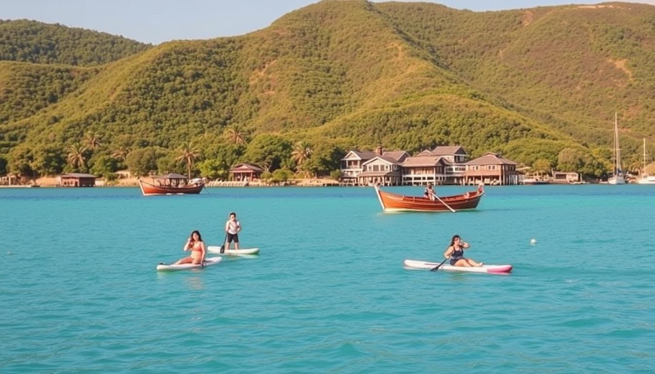 A serene waterfront scene on Jeju Island, South Korea. A picturesque bay with crystal-clear turquoise waters, surrounded by lush green hills. In the foreground, a group of people leisurely floating on stand-up paddleboards, enjoying the tranquil atmosphere. The mid-ground features traditional wooden boats gently rocking on the waves, while in the background, a cluster of traditional thatched-roof houses nestled among the verdant foliage. The scene is bathed in warm, golden sunlight, casting a peaceful, relaxing ambiance. The overall composition evokes a sense of unhurried bliss and rejuvenation, perfectly capturing the essence of a serene water-based experience on Jeju Island.