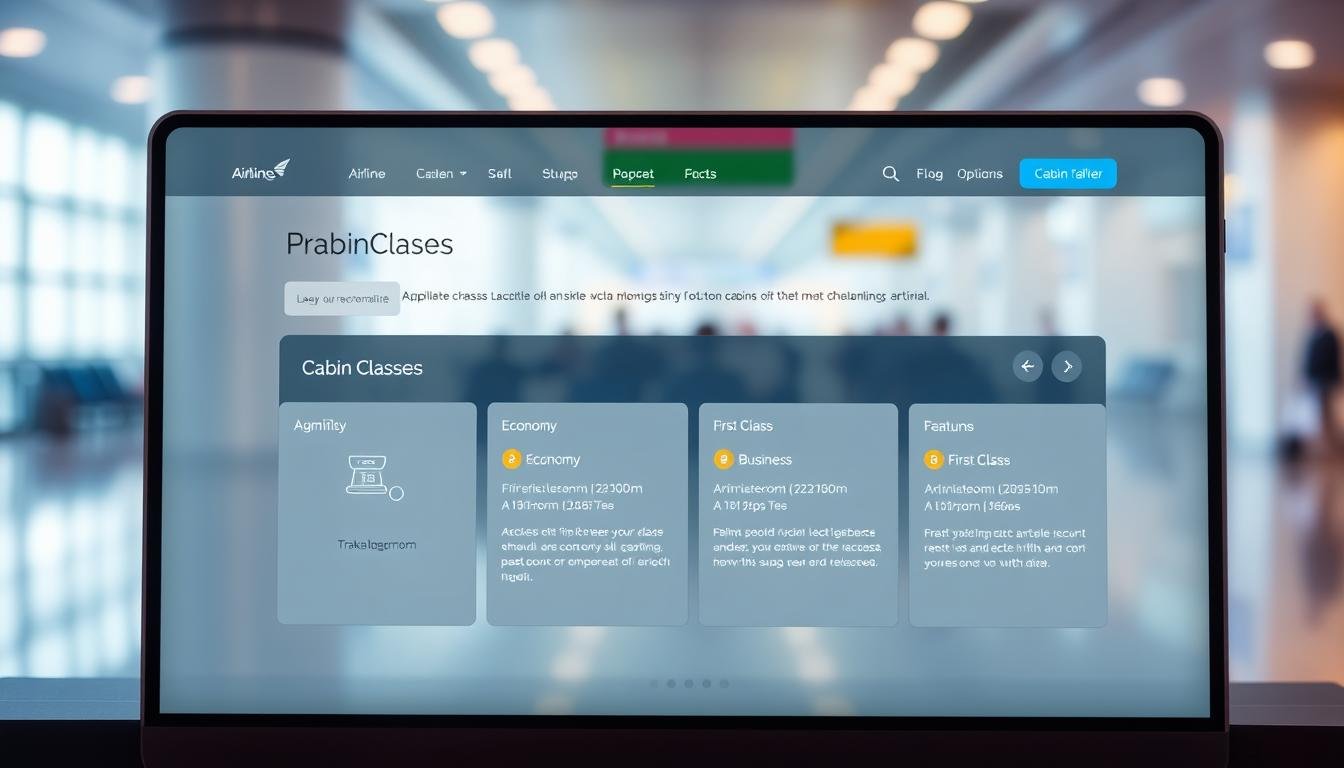 A sleek and intuitive cabin class selection interface displayed on a modern airline booking website. The foreground features a clean and minimalist design with clearly labeled cabin class options, such as Economy, Business, and First Class, each with its own distinct icon and color scheme. The middle ground showcases detailed information about the amenities, legroom, and other features associated with each cabin class, allowing the user to make an informed decision. The background depicts a blurred, out-of-focus view of an airport terminal, conveying a sense of travel and the booking process. The overall scene is bathed in a warm, inviting color palette and is illuminated by soft, directional lighting, creating a visually appealing and user-friendly interface. A sleek and intuitive cabin class selection interface displayed on a modern airline booking website. The foreground features a clean and minimalist design with clearly labeled cabin class options, such as Economy, Business, and First Class, each with its own distinct icon and color scheme. The middle ground showcases detailed information about the amenities, legroom, and other features associated with each cabin class, allowing the user to make an informed decision. The background depicts a blurred, out-of-focus view of an airport terminal, conveying a sense of travel and the booking process. The overall scene is bathed in a warm, inviting color palette and is illuminated by soft, directional lighting, creating a visually appealing and user-friendly interface.