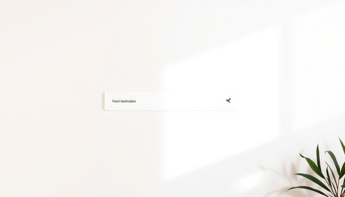 A sleek and intuitive flight booking interface, showcasing a clean white background with a prominent search box in the center. The layout features a grid of destination options, each with a corresponding city name, airport code, and thumbnail image. The overall aesthetic is modern, minimalist, and visually appealing, creating an effortless user experience for selecting a destination. Soft shadows and subtle highlights add depth and dimension, while the warm, natural lighting evokes a sense of tranquility and ease. The composition is well-balanced, with the key elements strategically positioned to guide the user's attention and facilitate a seamless journey through the booking process.