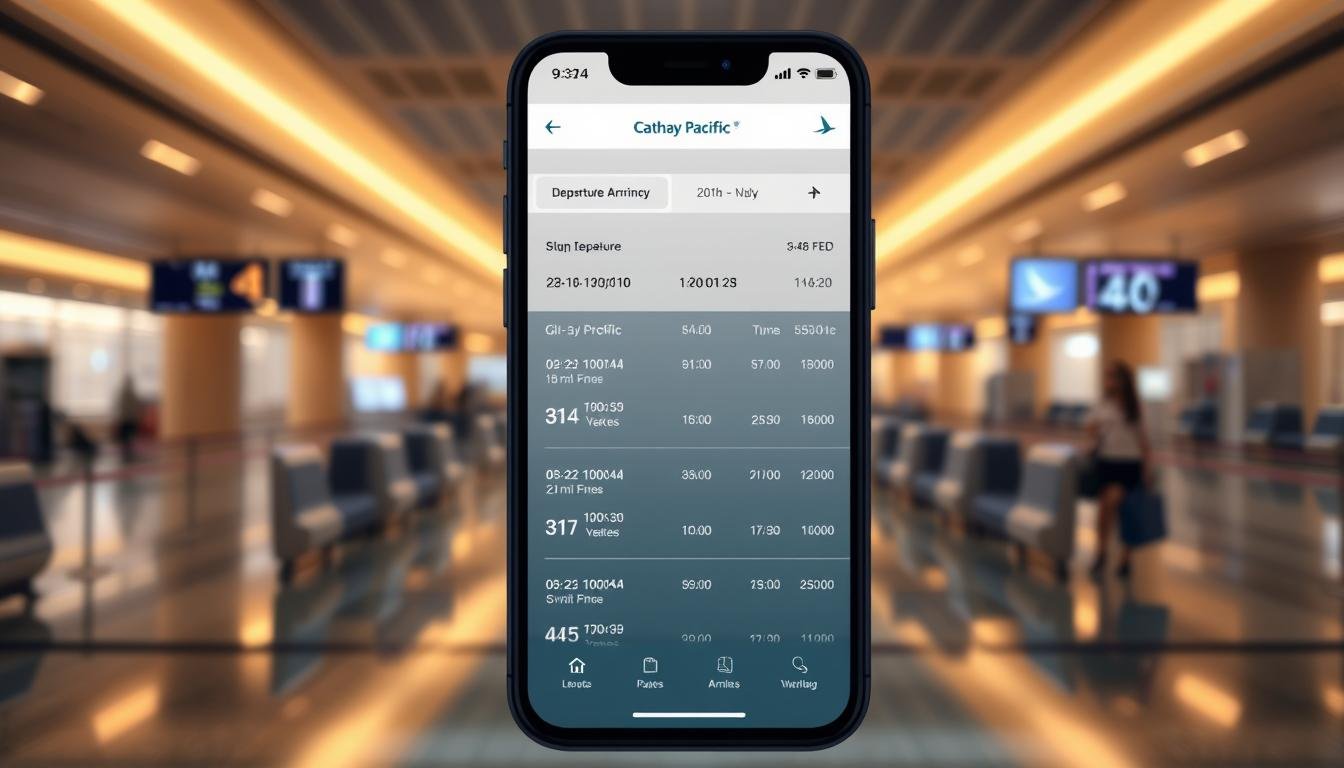 A sleek and intuitive mobile application interface showcasing the Cathay Pacific flight schedule service. In the foreground, a clean and minimalist design displays flight details, departure and arrival times, and route information. The middle ground features a slick airport terminal backdrop, with gate numbers and departure boards visible in the distance. The background is bathed in a warm, golden-hued lighting, evoking a sense of efficiency and professionalism. The overall composition conveys a seamless user experience, catering to the needs of modern air travelers seeking real-time flight data at their fingertips.