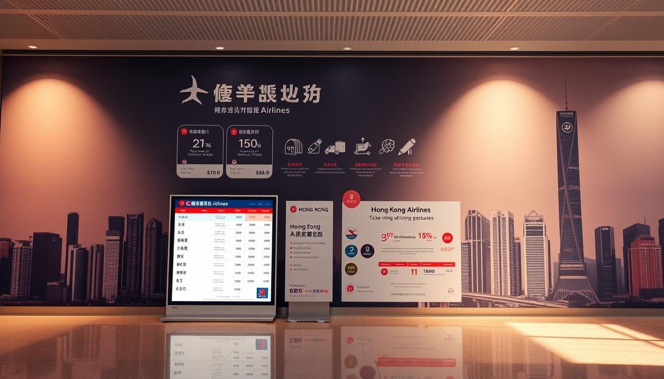 A sleek and modern Hong Kong Airlines ticket pricing and packages display, presented in a clean and minimalist design. The foreground features a large digital screen showcasing the airline's various fare options, with clear pricing information and attractive graphics. The middle ground includes representative icons and infographics highlighting the airline's key services and benefits. The background has a subdued, urban cityscape of Hong Kong's iconic skyscrapers and infrastructure, conveying a sense of efficiency and connectivity. The overall scene is bathed in warm, directional lighting that creates depth and emphasizes the professionalism and reliability of Hong Kong Airlines' logistics solutions. A sleek and modern Hong Kong Airlines ticket pricing and packages display, presented in a clean and minimalist design. The foreground features a large digital screen showcasing the airline's various fare options, with clear pricing information and attractive graphics. The middle ground includes representative icons and infographics highlighting the airline's key services and benefits. The background has a subdued, urban cityscape of Hong Kong's iconic skyscrapers and infrastructure, conveying a sense of efficiency and connectivity. The overall scene is bathed in warm, directional lighting that creates depth and emphasizes the professionalism and reliability of Hong Kong Airlines' logistics solutions.