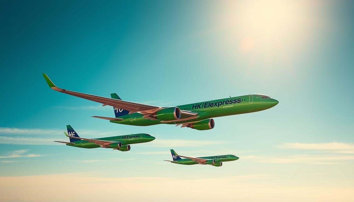 A sleek and modern fleet of HK Express airplanes soaring gracefully against a vibrant, azure sky. The aircraft, adorned in the airline's iconic bright green livery, glide effortlessly, their streamlined bodies and swept-back wings cutting through the air with precision. The scene is captured with a cinematic wide-angle lens, allowing the viewer to appreciate the impressive scale and symmetry of the formation. Warm, directional sunlight casts dramatic shadows, emphasizing the planes' contours and creating a sense of depth and dimensionality. The overall composition conveys a powerful, professional image that reflects the airline's commitment to providing a seamless, high-quality travel experience. A sleek and modern fleet of HK Express airplanes soaring gracefully against a vibrant, azure sky. The aircraft, adorned in the airline's iconic bright green livery, glide effortlessly, their streamlined bodies and swept-back wings cutting through the air with precision. The scene is captured with a cinematic wide-angle lens, allowing the viewer to appreciate the impressive scale and symmetry of the formation. Warm, directional sunlight casts dramatic shadows, emphasizing the planes' contours and creating a sense of depth and dimensionality. The overall composition conveys a powerful, professional image that reflects the airline's commitment to providing a seamless, high-quality travel experience.