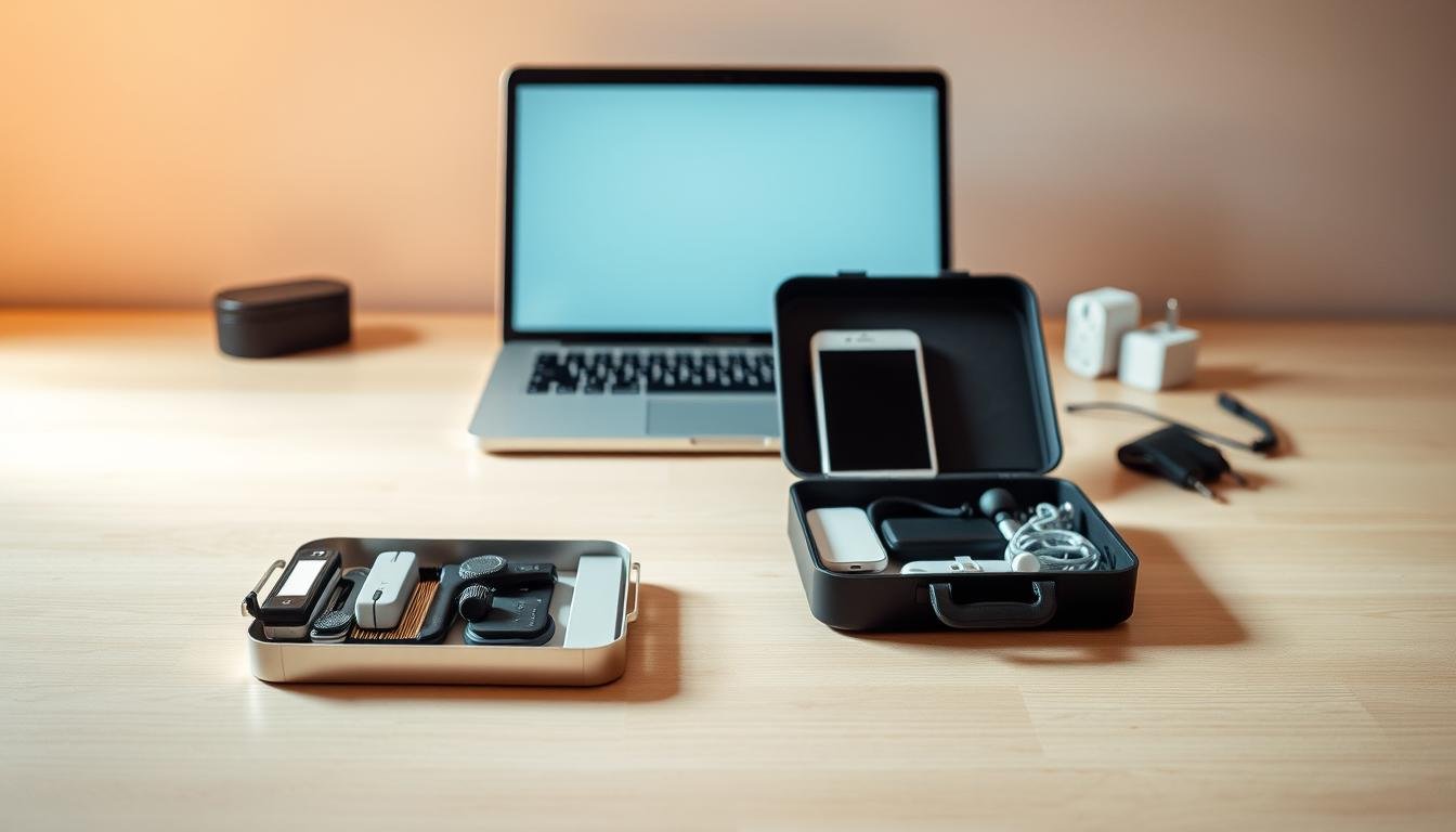 A sleek, minimalist workspace showcasing a variety of practical tools for the modern traveler. In the foreground, a neatly arranged toolbox contains essential items like a currency converter, mobile hotspot, and travel organizers. The middle ground features a laptop, smartphone, and international power adapters, all placed atop a clean, wooden surface. The background subtly fades into a soft, neutral tone, creating a sense of focus and organization. Warm, directional lighting casts a subtle glow, highlighting the utility and functionality of the scene. The overall composition conveys a sense of efficiency, connectivity, and preparedness for the discerning Bangkok explorer.