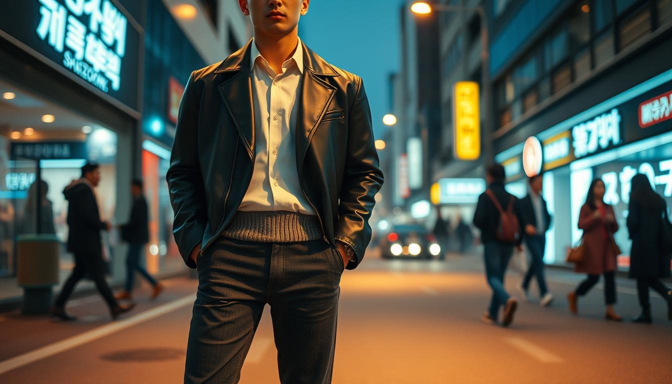 A sophisticated streetwear scene showcasing the layered elegance of Korean fashion. In the foreground, a stylish individual stands confidently, wearing a sleek black leather jacket layered over a crisp white button-down shirt. The middle ground reveals a dynamic ensemble of textures, with a knit sweater peeking out from beneath the jacket, and slim-fit denim trousers tucked into polished leather boots. The background is alive with the urban energy of Seoul, with neon-lit storefronts and the silhouettes of passing pedestrians creating an atmospheric, cinematic ambiance. Soft, directional lighting illuminates the scene, casting dramatic shadows and highlights that accentuate the intricate play of fabrics and silhouettes. The overall mood is one of refined sophistication and effortless cool, capturing the essence of the Korean fashion aesthetic.