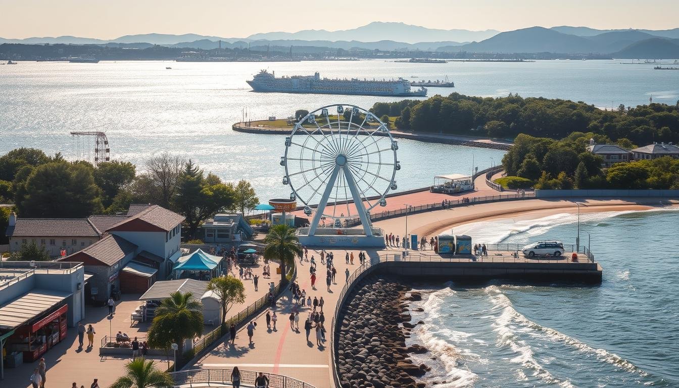 A sprawling coastal theme park nestled on the verdant shores of Incheon's Wolmido Island. Sunlight dances across the glistening waves, illuminating a vibrant promenade lined with lively attractions. In the foreground, families stroll past charming seafront cafes and bustling food stalls, their laughter echoing through the salty air. The middle ground reveals a grand ferris wheel majestically rising above the treetops, its towering silhouette mirrored in the tranquil waters below. Sweeping panoramic views of the picturesque harbor and distant mountains form the serene backdrop, creating a harmonious blend of coastal tranquility and family-friendly escapades.