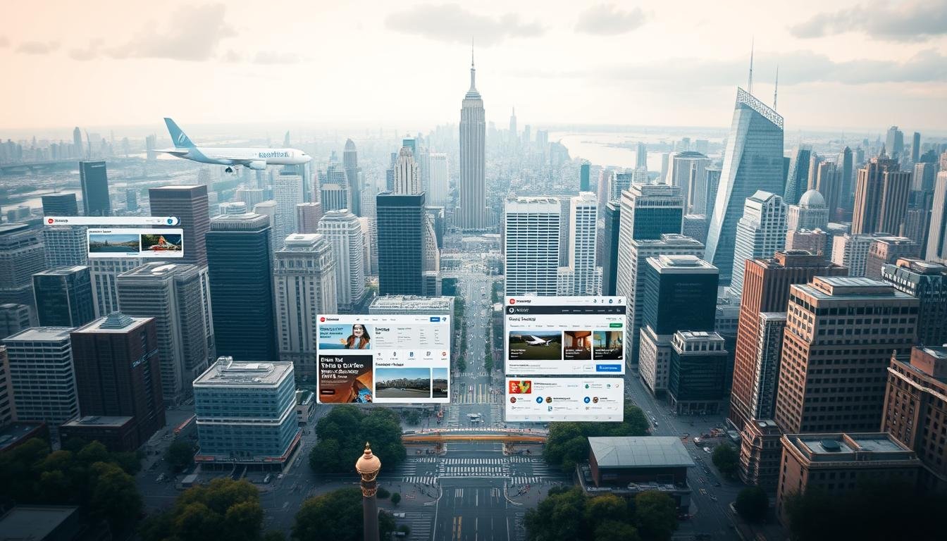 A sprawling digital landscape, showcasing the leading online travel search platforms. In the foreground, clean and intuitive user interfaces invite exploration, with sleek icons and responsive layouts. The middle ground features a side-by-side comparison, highlighting key features like flight pricing, hotel booking, and customizable filters. In the background, a vibrant cityscape of skyscrapers and bustling streets sets the stage, conveying the global reach and connectivity of these powerful digital tools. Soft, diffused lighting creates a sense of depth and sophistication, while a neutral color palette allows the platforms to shine. This image aims to visually encapsulate the efficiency and comprehensive nature of online travel search and booking experiences. A sprawling digital landscape, showcasing the leading online travel search platforms. In the foreground, clean and intuitive user interfaces invite exploration, with sleek icons and responsive layouts. The middle ground features a side-by-side comparison, highlighting key features like flight pricing, hotel booking, and customizable filters. In the background, a vibrant cityscape of skyscrapers and bustling streets sets the stage, conveying the global reach and connectivity of these powerful digital tools. Soft, diffused lighting creates a sense of depth and sophistication, while a neutral color palette allows the platforms to shine. This image aims to visually encapsulate the efficiency and comprehensive nature of online travel search and booking experiences.
