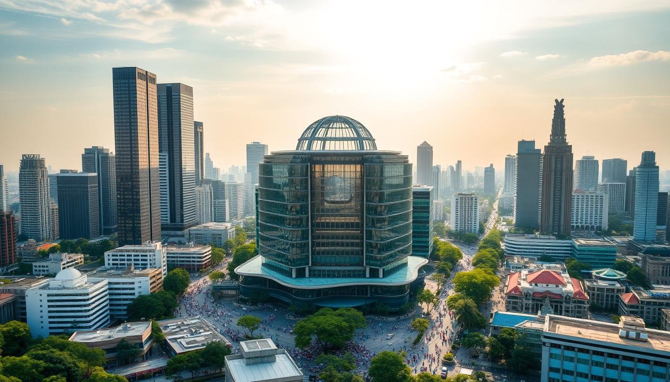 A sprawling, modern city skyline of Bangkok, Thailand. In the center, the grand facade and glass atrium of the Dusit Central Park shopping mall, its sleek architecture gleaming in the warm afternoon sunlight. Surrounding it, a bustling urban landscape of towering skyscrapers, lush greenery, and crowded city streets teeming with local life. The scene captures the vibrant energy and contrasts of this dynamic, ever-evolving metropolis - a must-visit destination for any traveler to Thailand. A sprawling, modern city skyline of Bangkok, Thailand. In the center, the grand facade and glass atrium of the Dusit Central Park shopping mall, its sleek architecture gleaming in the warm afternoon sunlight. Surrounding it, a bustling urban landscape of towering skyscrapers, lush greenery, and crowded city streets teeming with local life. The scene captures the vibrant energy and contrasts of this dynamic, ever-evolving metropolis - a must-visit destination for any traveler to Thailand.