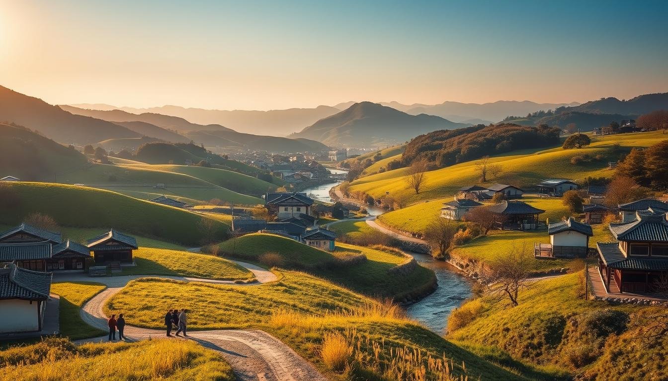 A sprawling, picturesque countryside landscape in the Gyeonggi-do region of South Korea, bathed in warm, golden afternoon light. Rolling green hills dotted with traditional hanok-style buildings, their tiled roofs and white walls gleaming. In the foreground, a winding dirt path leads past a quaint village, with locals going about their daily lives. In the middle distance, a tranquil stream meanders through the scene, its banks lined with tall reeds and willow trees. The background is dominated by the silhouettes of distant mountains, their slopes cloaked in lush, verdant foliage. An atmosphere of timeless serenity and pastoral charm, perfect for capturing the essence of a beloved Korean drama setting. A sprawling, picturesque countryside landscape in the Gyeonggi-do region of South Korea, bathed in warm, golden afternoon light. Rolling green hills dotted with traditional hanok-style buildings, their tiled roofs and white walls gleaming. In the foreground, a winding dirt path leads past a quaint village, with locals going about their daily lives. In the middle distance, a tranquil stream meanders through the scene, its banks lined with tall reeds and willow trees. The background is dominated by the silhouettes of distant mountains, their slopes cloaked in lush, verdant foliage. An atmosphere of timeless serenity and pastoral charm, perfect for capturing the essence of a beloved Korean drama setting.